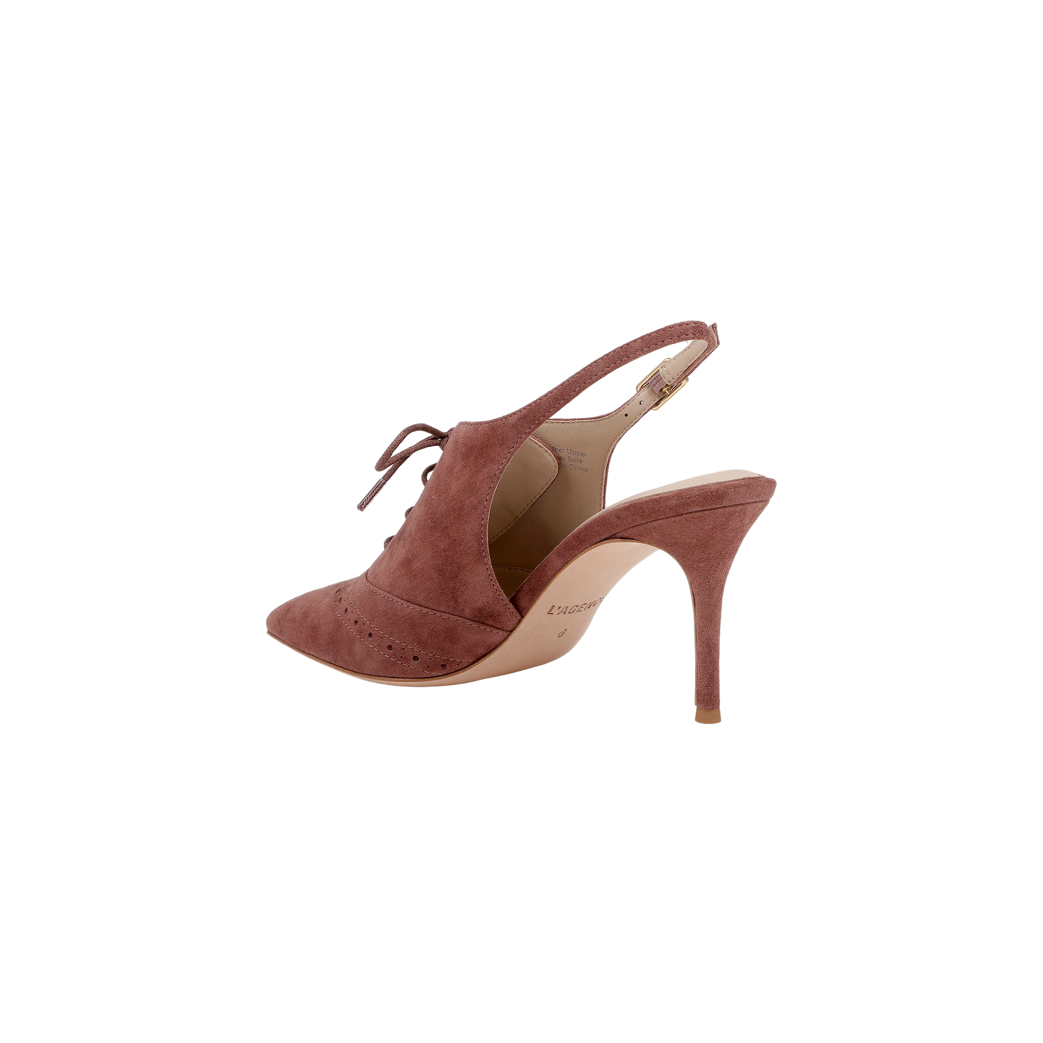 The Shreya Suede Slingback Pump is shown on a white background, featuring a single mauve high heel with a pointed toe, lace-up front, and suede upper.