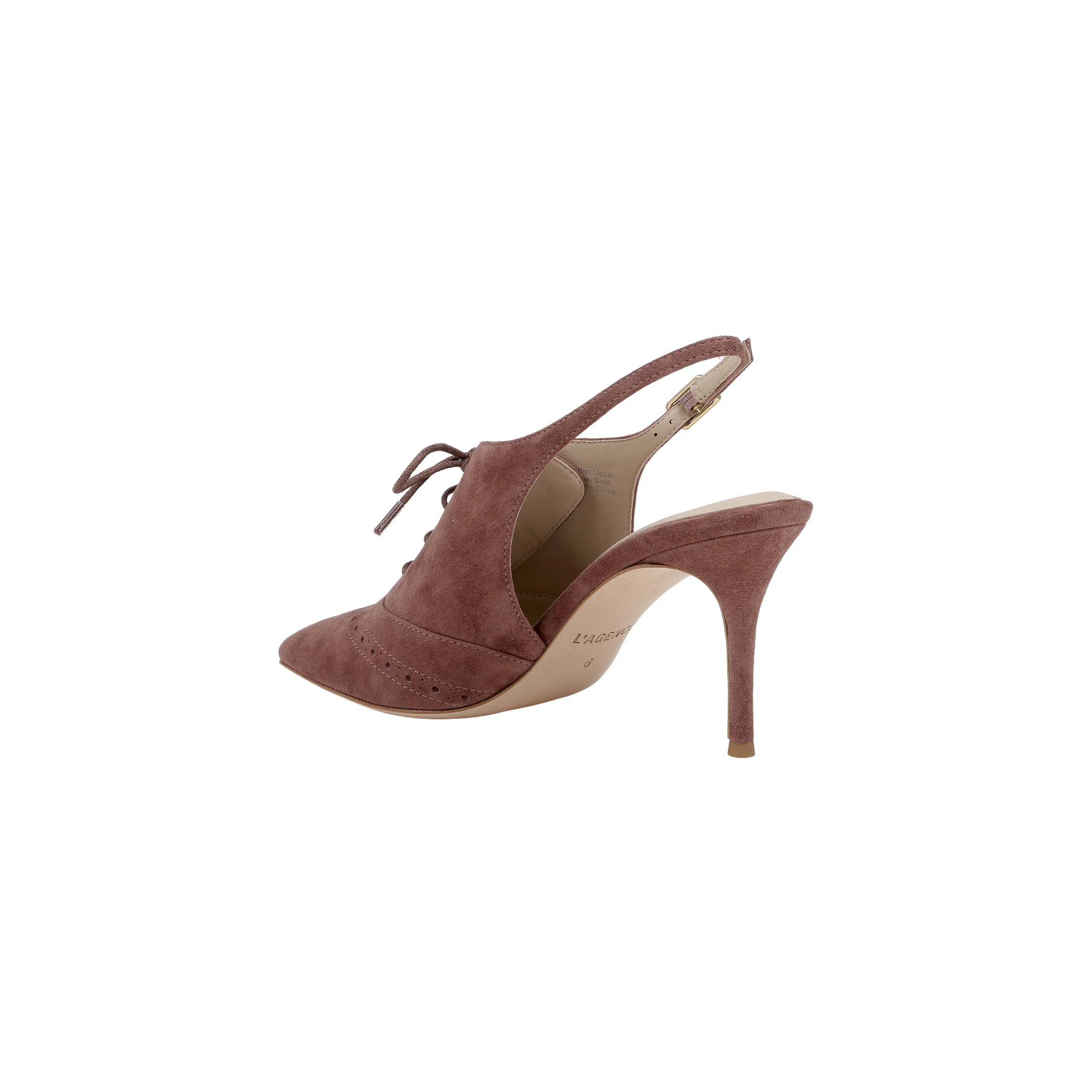 The Shreya Suede Slingback Pump is shown on a white background, featuring a single mauve high heel with a pointed toe, lace-up front, and suede upper.