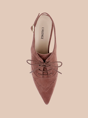 A top view of the Shreya Suede Slingback Pump features a brown suede upper, pointed toe, laces, perforated accents, and a slingback strap with gold buckle, all set on a plain beige background.