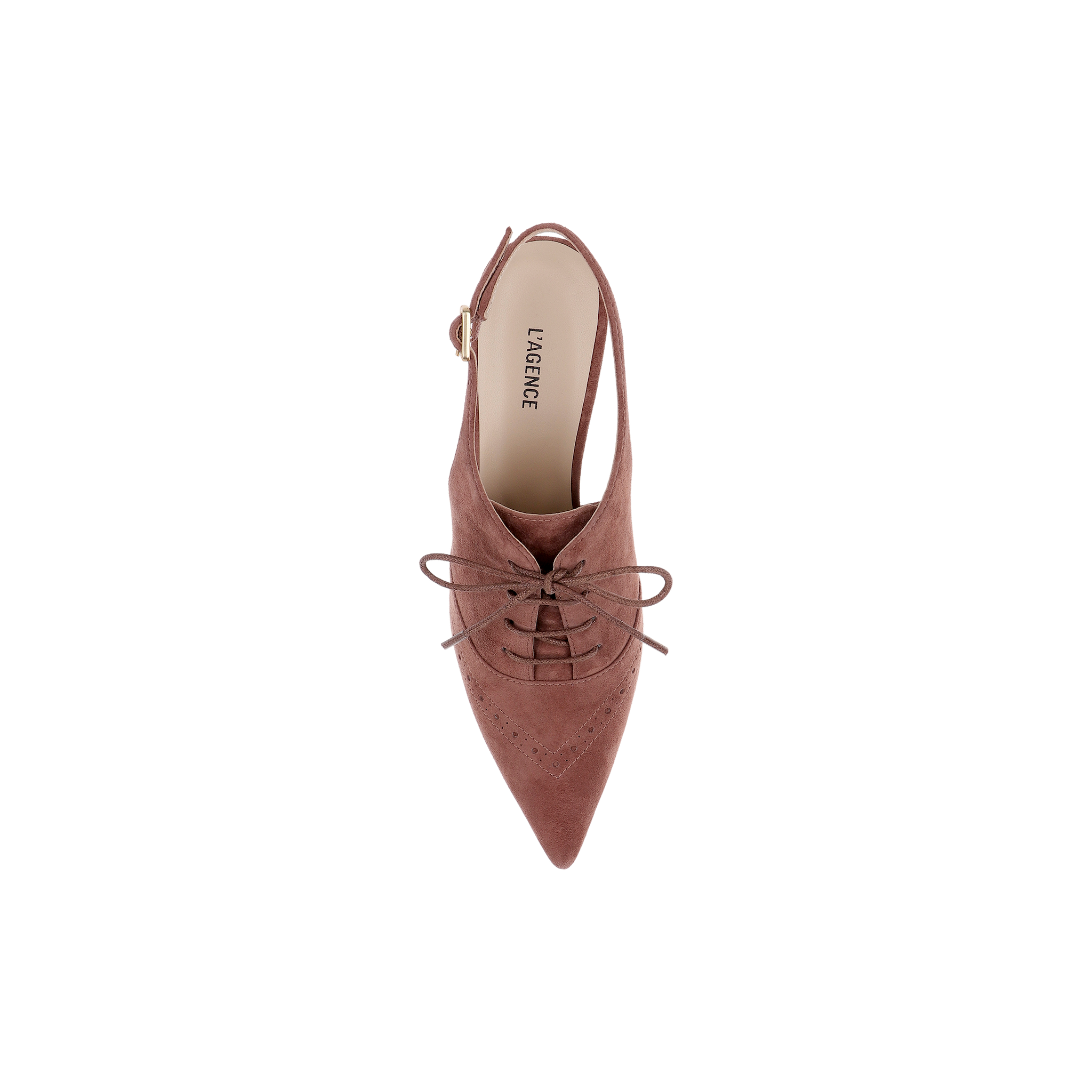 A top view of a single Shreya Suede Slingback Pump in mauve suede with a lace-up pointed toe, slingback strap, and gold buckle is displayed on a plain white background. The insole features the brand name LAGENCE.