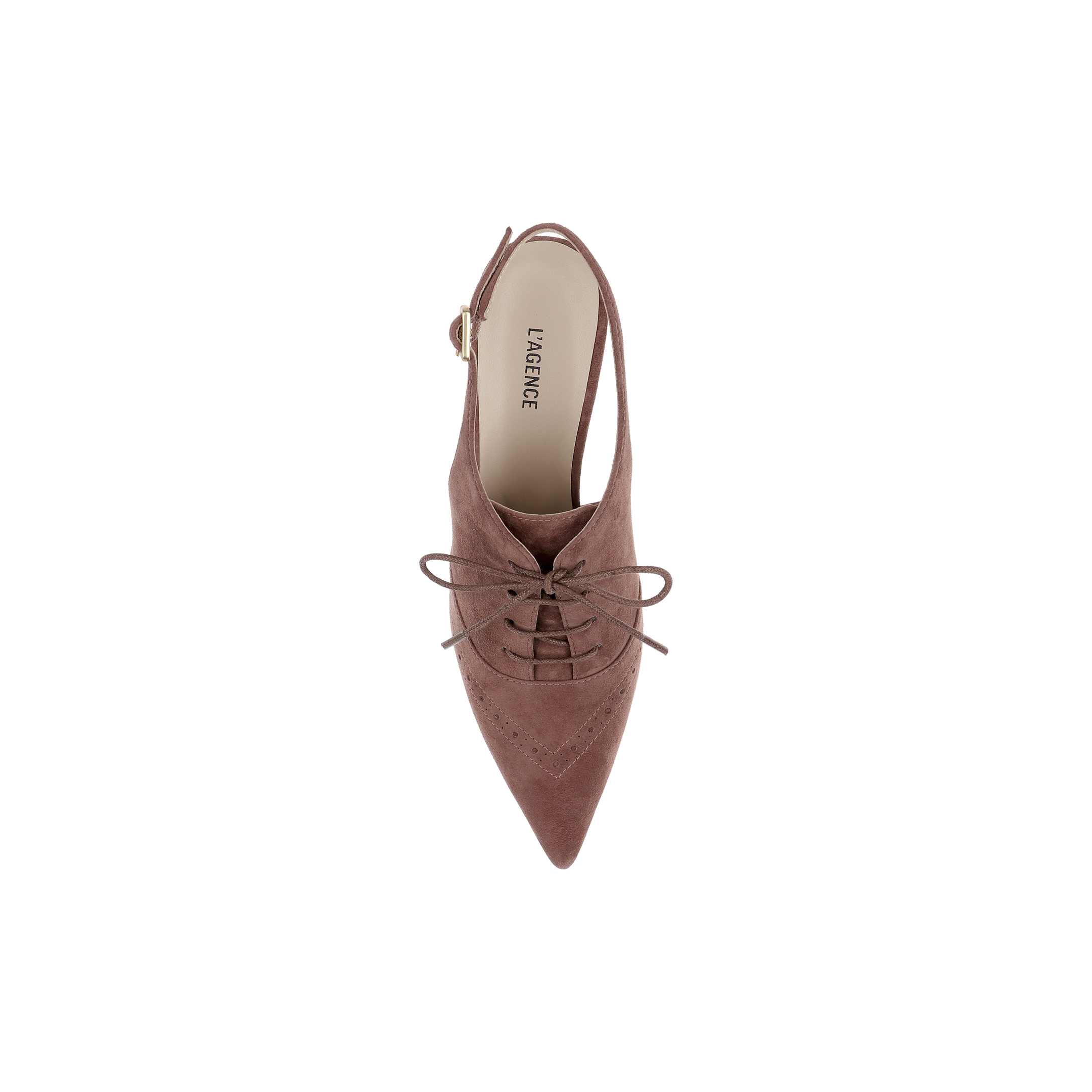 A top view of a single Shreya Suede Slingback Pump in mauve suede with a lace-up pointed toe, slingback strap, and gold buckle is displayed on a plain white background. The insole features the brand name LAGENCE.