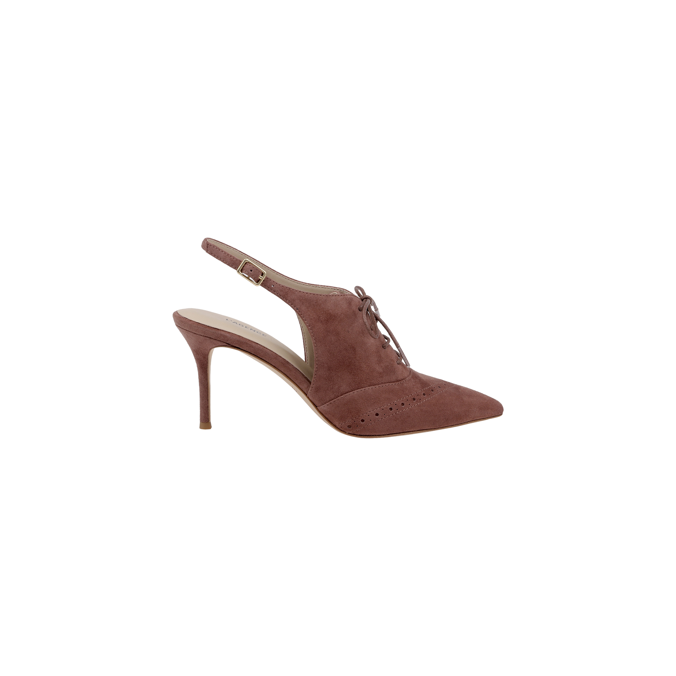 The Shreya Suede Slingback Pump is a single mauve oxford stiletto with a suede upper, featuring a pointed toe, lace-up front, slingback strap, and stiletto heel, displayed on a plain white background.
