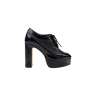 Introducing the Tania Oxford Pump: a black platform shoe with a lace-up front, closed toe, and glossy finish. This stylish oxford pump features a chunky block heel and decorative stitching along the edges.