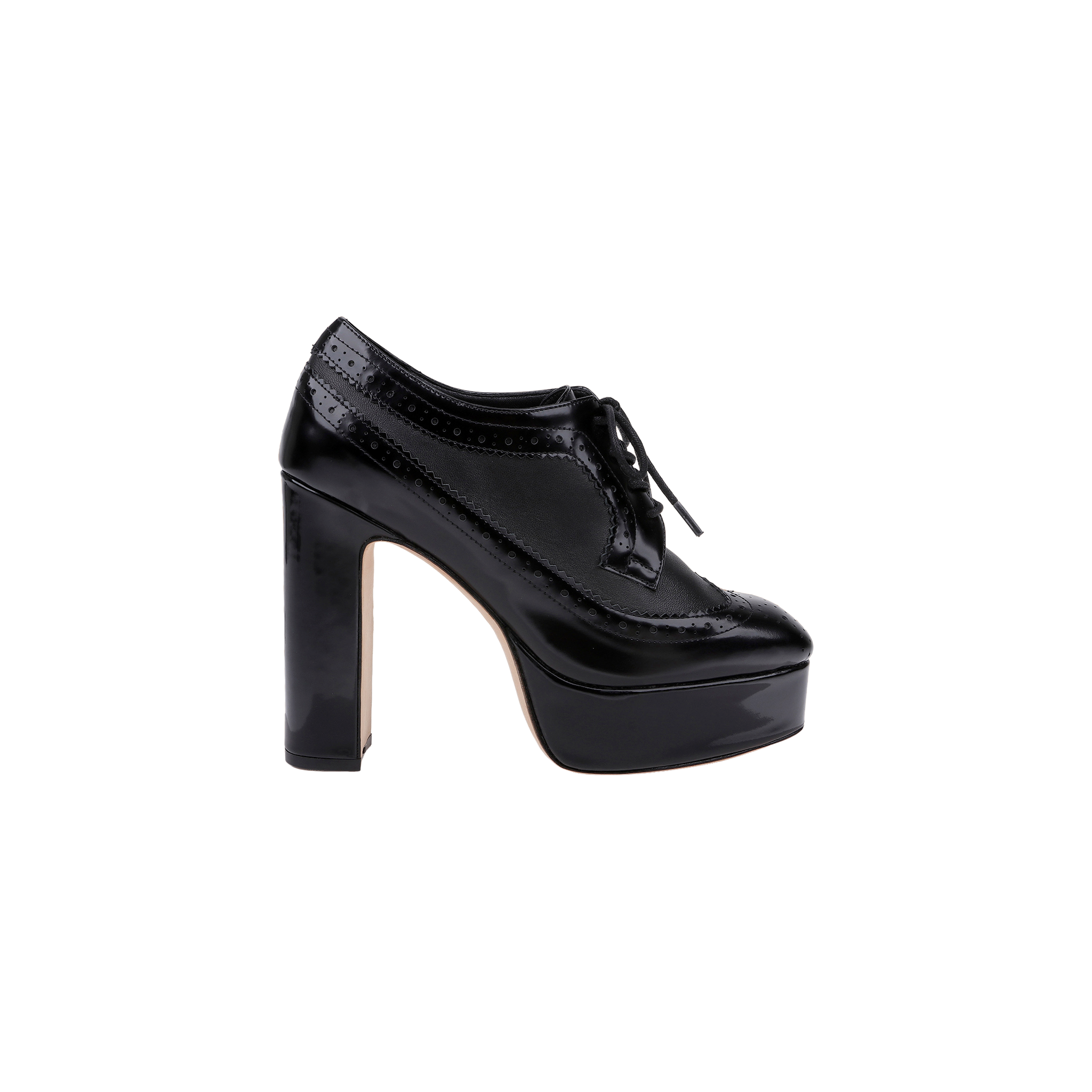 Introducing the Tania Oxford Pump: a black platform shoe with a lace-up front, closed toe, and glossy finish. This stylish oxford pump features a chunky block heel and decorative stitching along the edges.