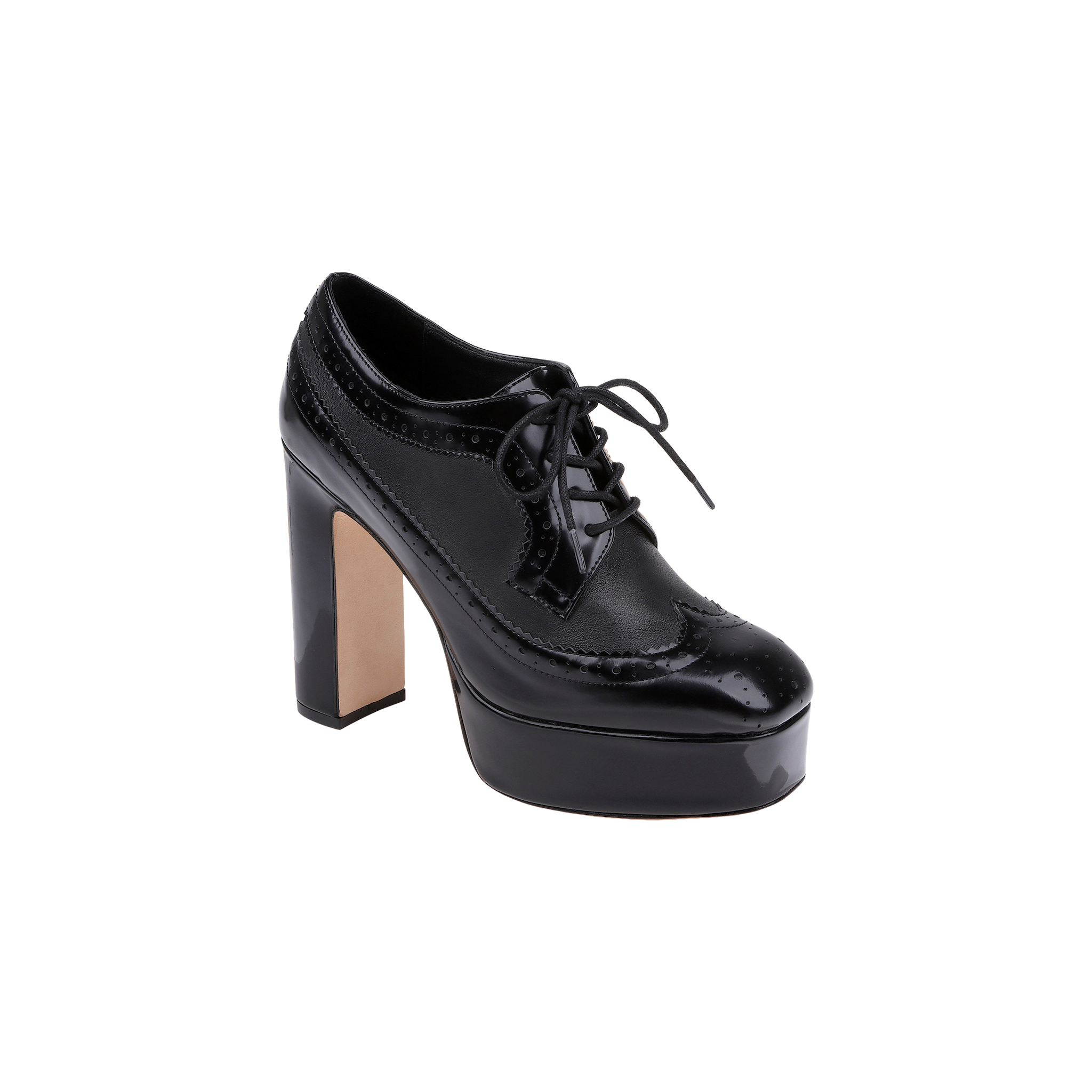 Tania Oxford Pump in black patent leather, featuring a chunky block heel and lace-up front, displayed on a plain white background.