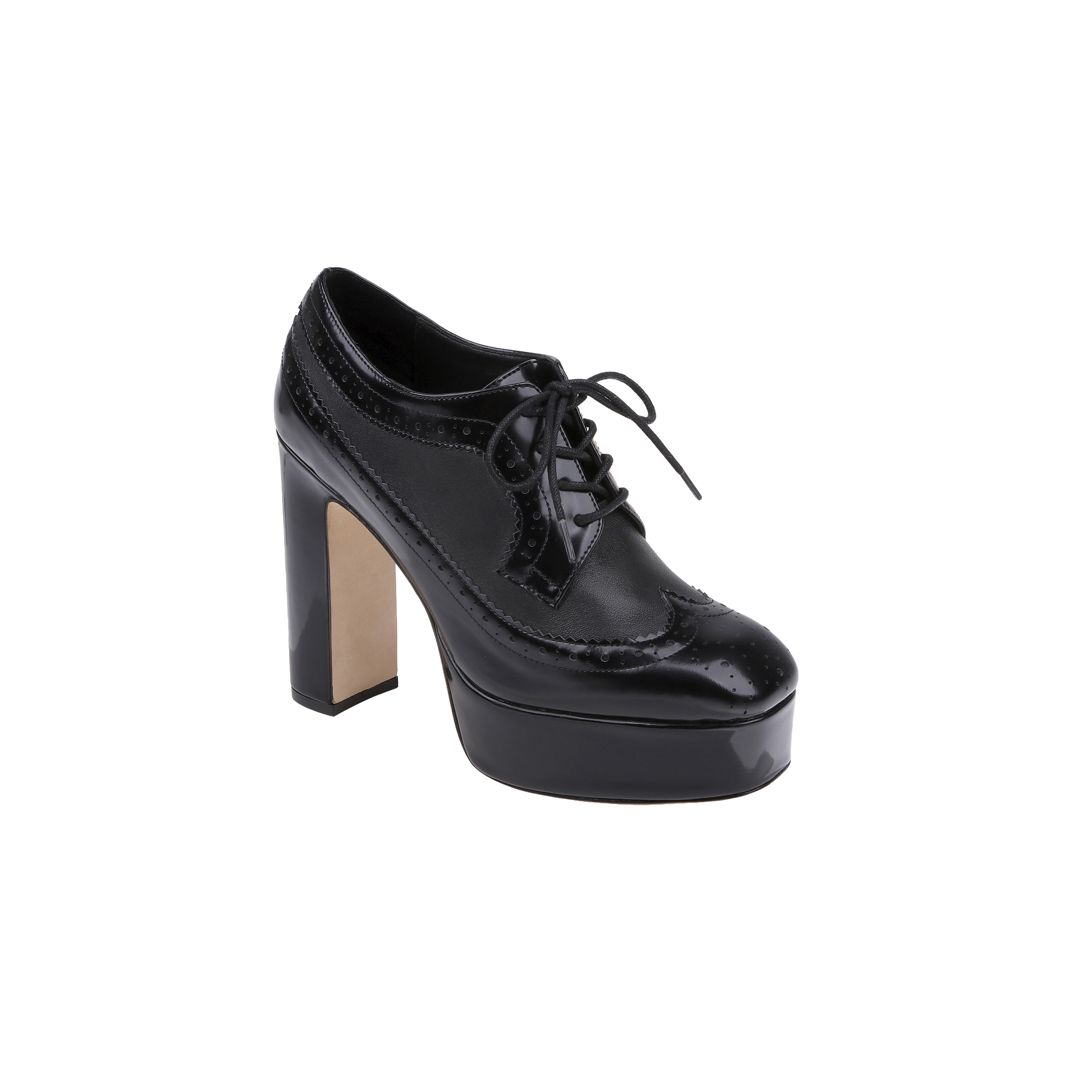 Tania Oxford Pump in black patent leather, featuring a chunky block heel and lace-up front, displayed on a plain white background.