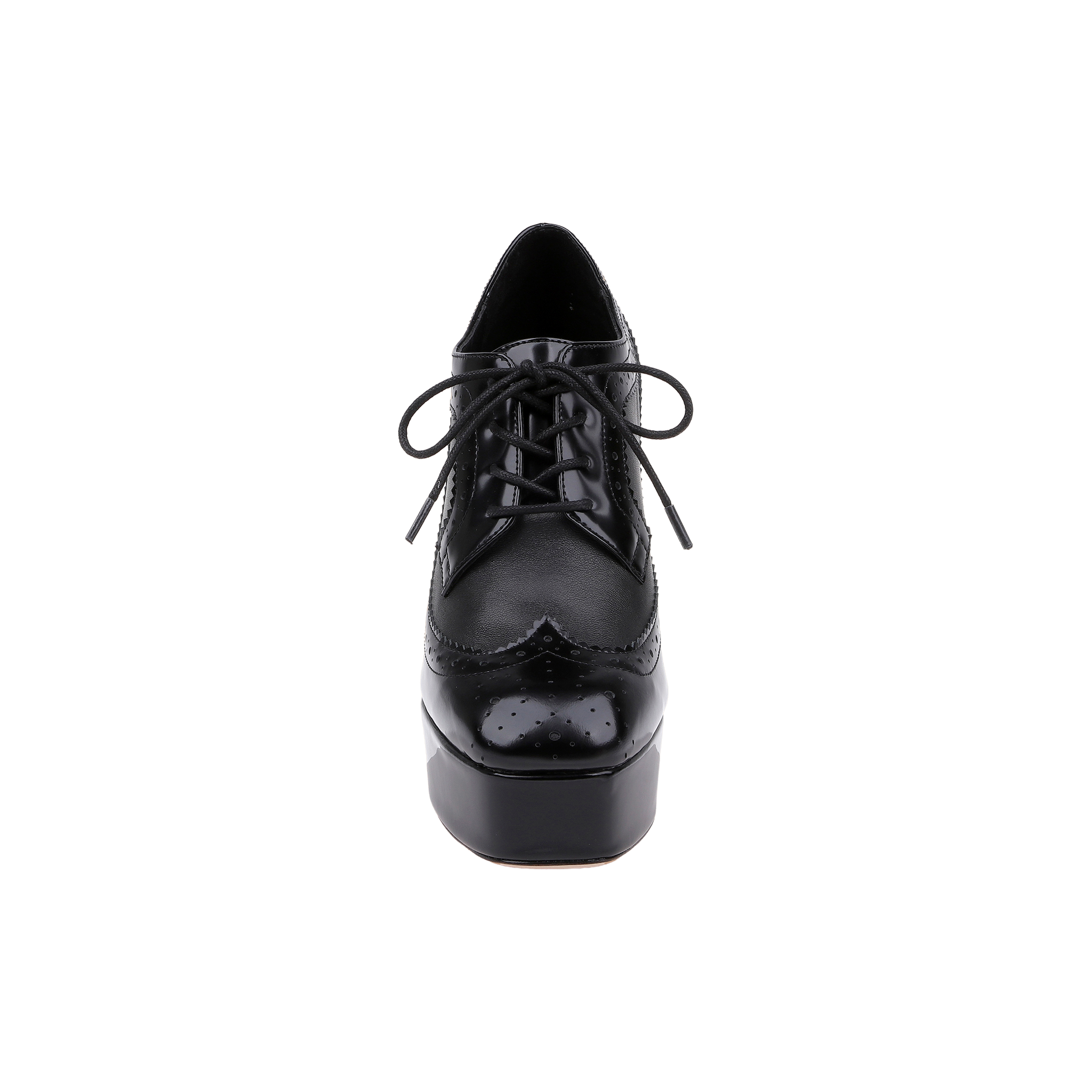 Front view of the Tania Oxford Pump in black, showcasing a lace-up design with a block heel and platform sole, featuring both glossy and matte finishes, set against a plain white background.