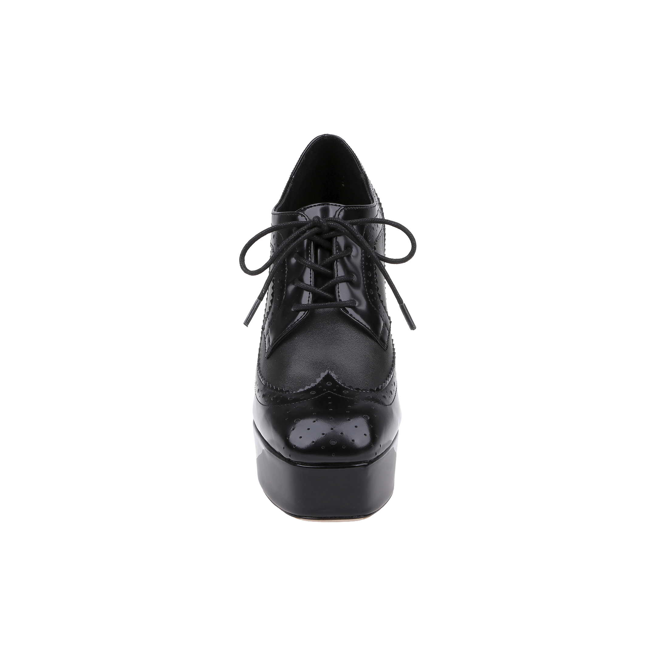 Front view of the Tania Oxford Pump in black, showcasing a lace-up design with a block heel and platform sole, featuring both glossy and matte finishes, set against a plain white background.