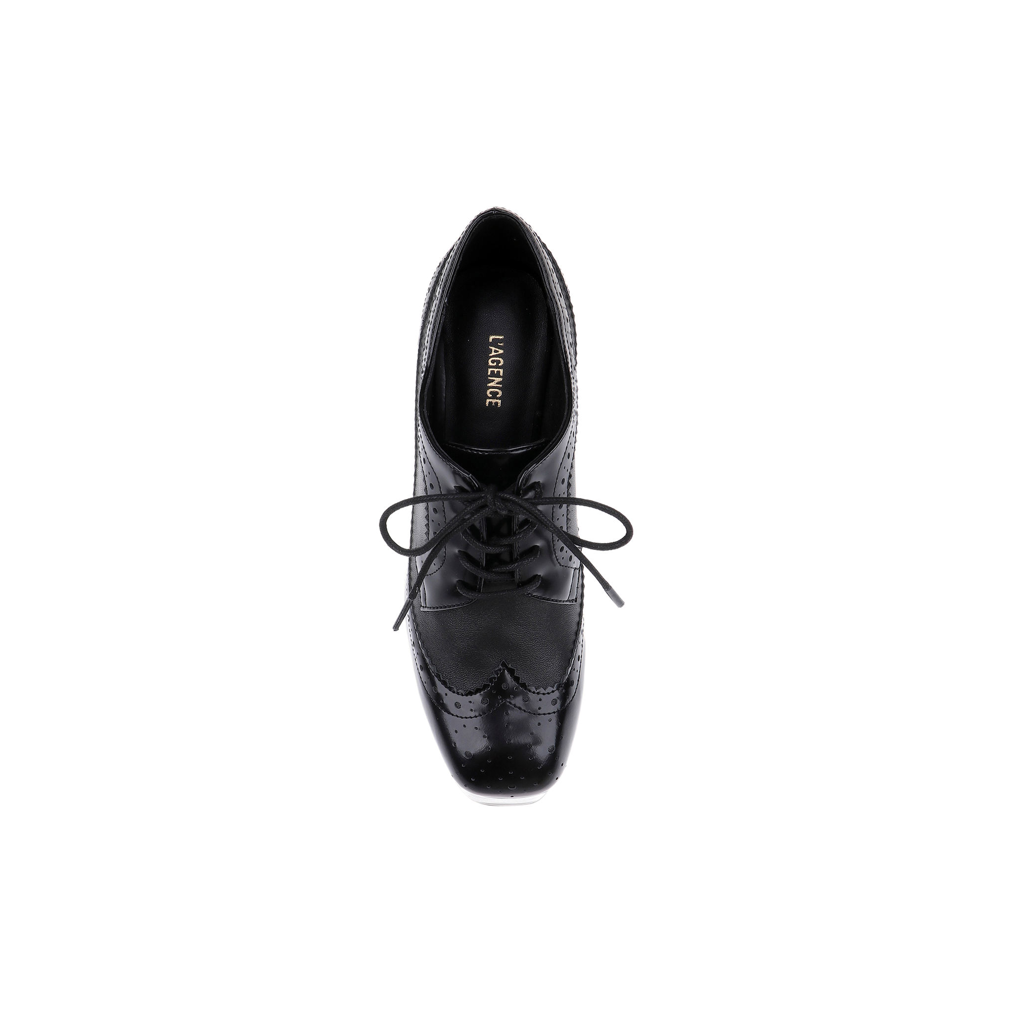 A top view of the Tania Oxford Pump in black, showcasing decorative perforations and stitching, with laces tied in a bow, placed on a white background.