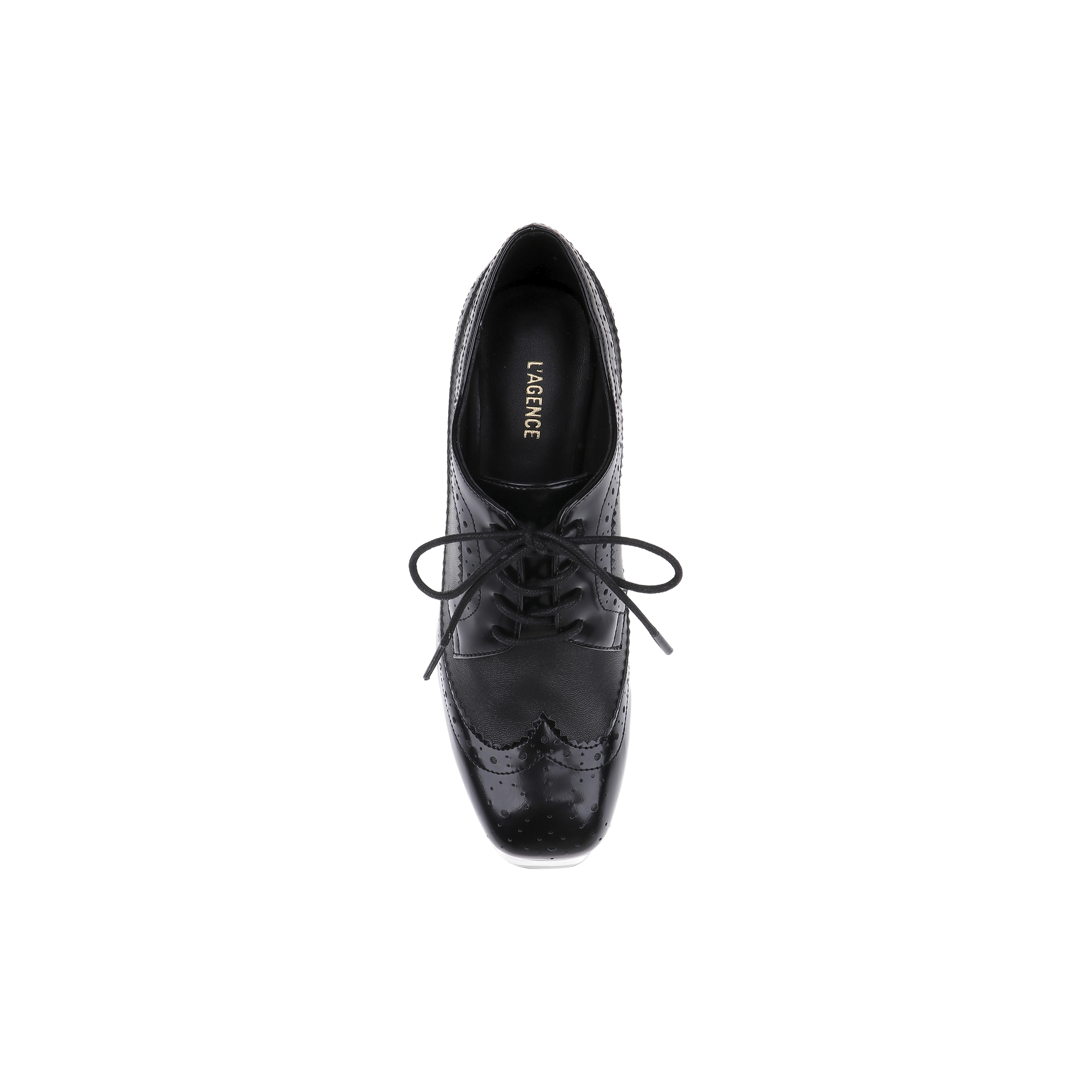A top view of the Tania Oxford Pump in black, showcasing decorative perforations and stitching, with laces tied in a bow, placed on a white background.