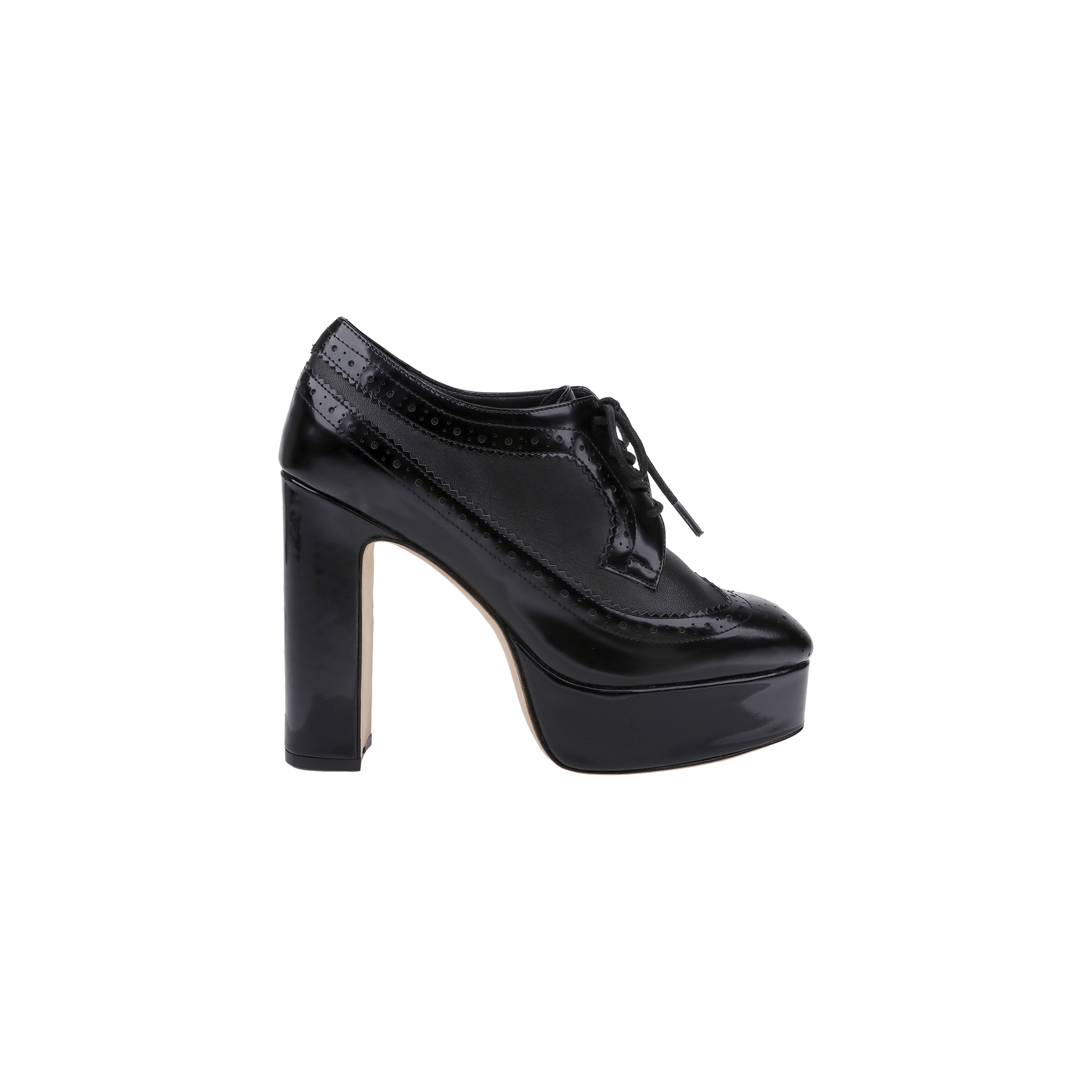 The Tania Oxford Pump, shown in profile on a plain white background, features black patent leather construction with a thick block heel, lace-up closure, platform sole, and brogue detailing.