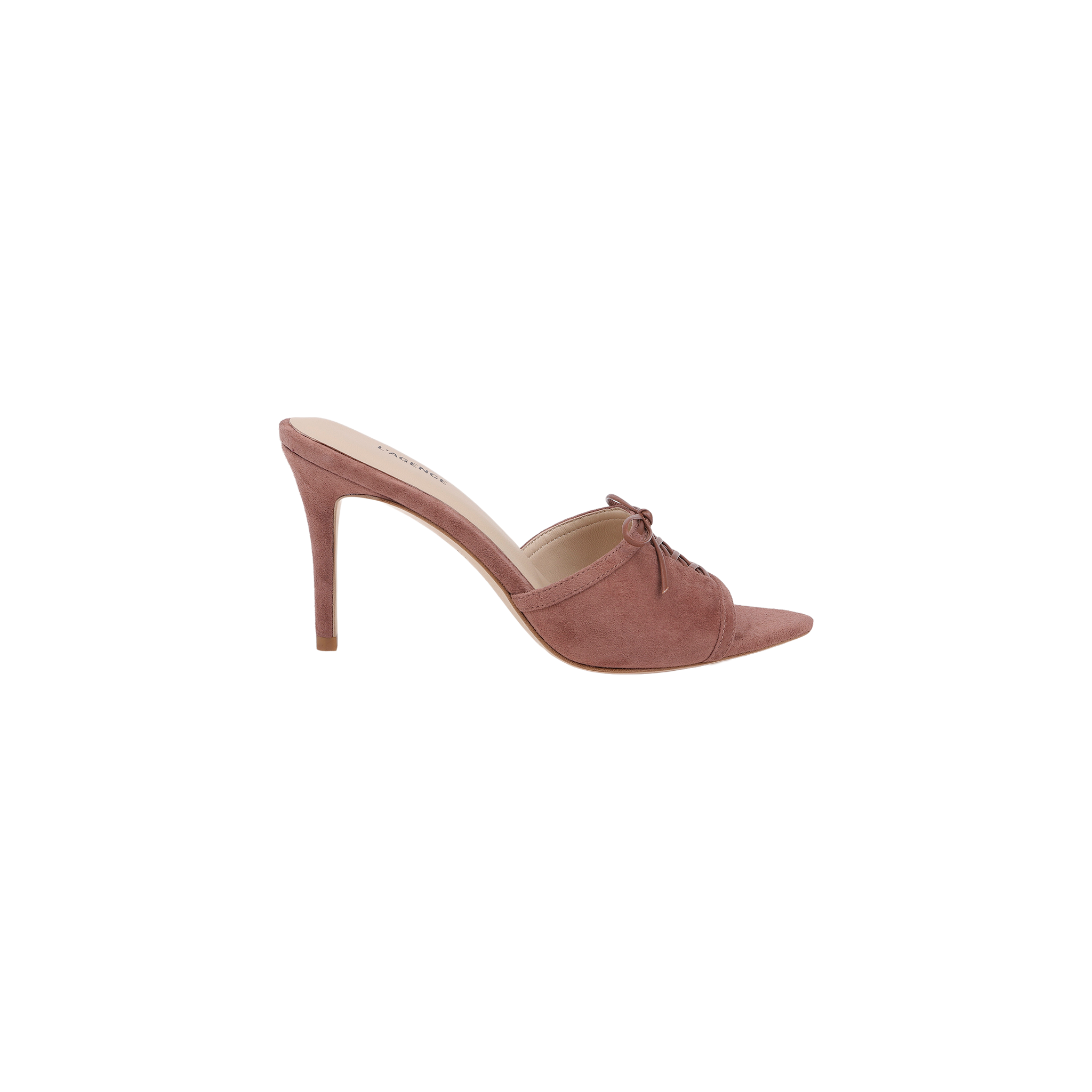 The Thames Suede Sandal is a mauve pink high-heeled mule crafted from suede, featuring a pointed toe, stiletto heel, and a small decorative bow on top, displayed against a plain white background.