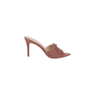A single Thames Suede Sandal in mauve suede, featuring a pointed toe, stiletto heel, open back, and side bow detail, displayed on a plain white background.