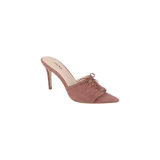 The Thames Suede Sandal is a pink suede high-heeled mule featuring a pointed toe, stiletto heel, lace-up front, and open back, displayed on a white background.
