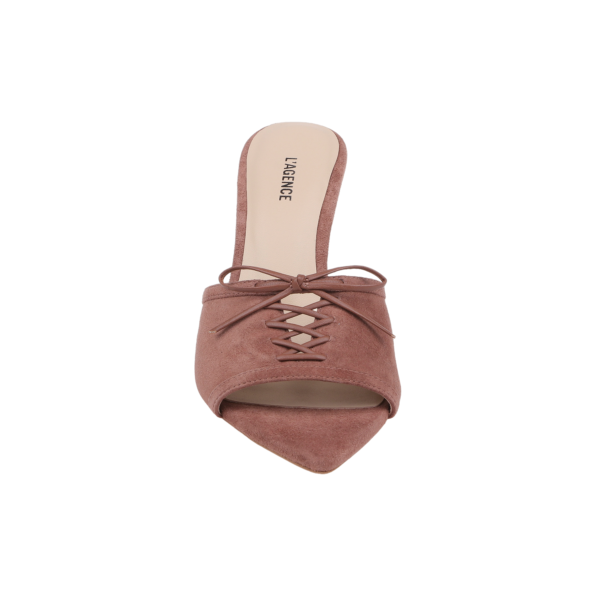 The Thames Suede Sandal is a single mauve suede mule featuring a pointed toe, stiletto heel, and crisscross lace-up detail on top. Its beige insole is stamped with the LAGENCE brand in black.