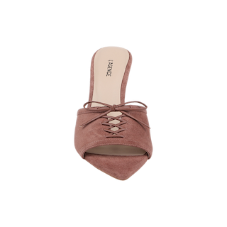 A top view of the Thames Suede Sandal—a mauve suede mule with a pointed toe, open sides, lace-up front detail, and beige insole labeled LAGENCE—showcasing an elegant silhouette with subtle stiletto heel influence.