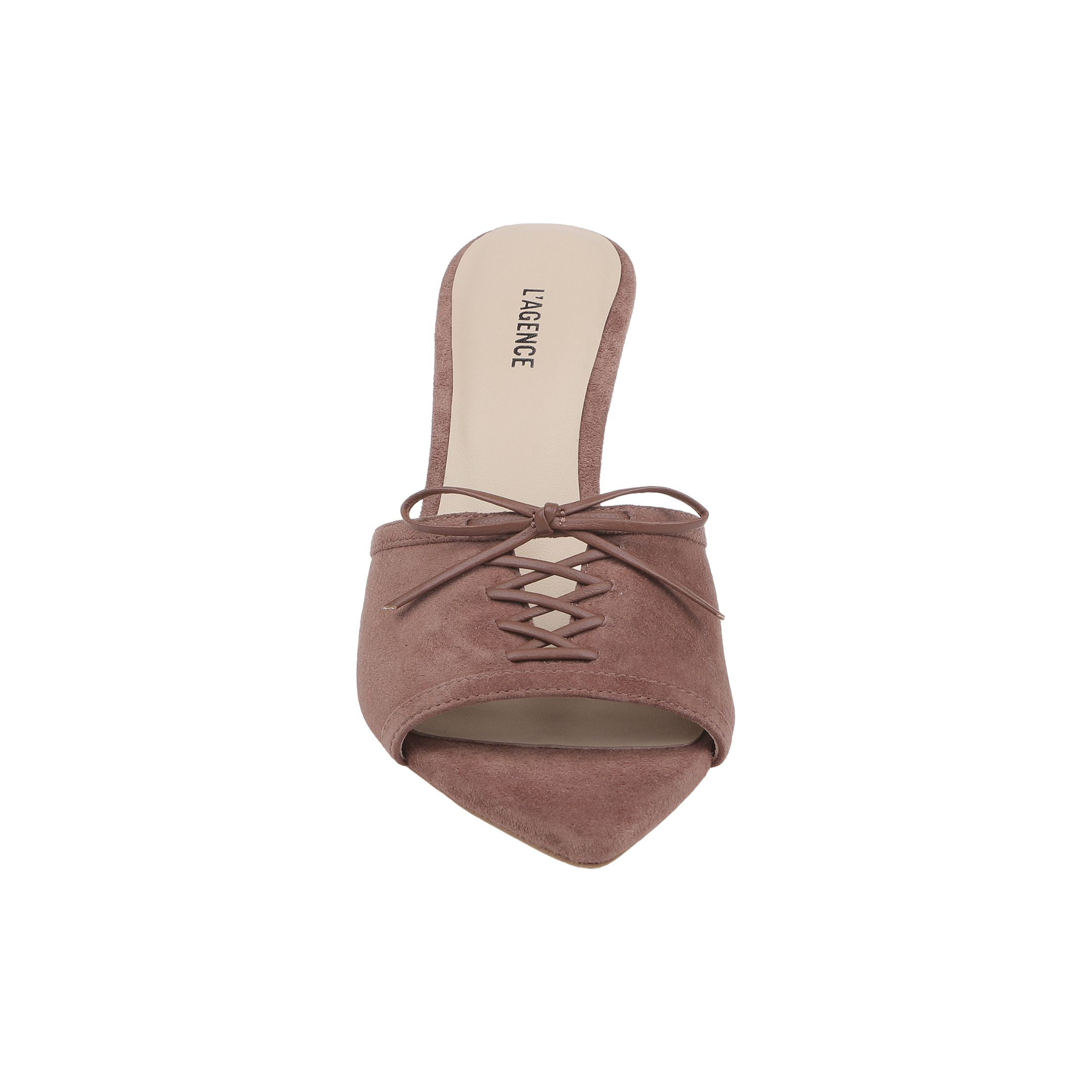 The Thames Suede Sandal is a single mauve suede mule featuring a pointed toe, stiletto heel, and crisscross lace-up detail on top. Its beige insole is stamped with the LAGENCE brand in black.