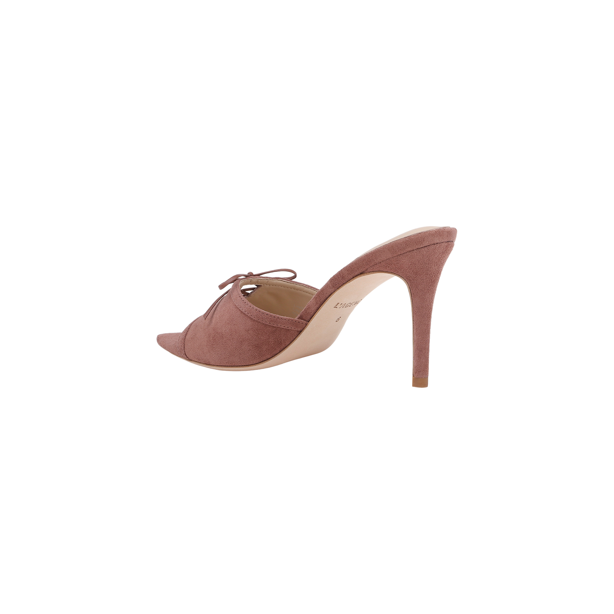 The Thames Suede Sandal is a single mauve suede high-heeled mule featuring a pointed toe, stiletto heel, side cut-out, and a decorative bow on the upper, displayed against a white background.
