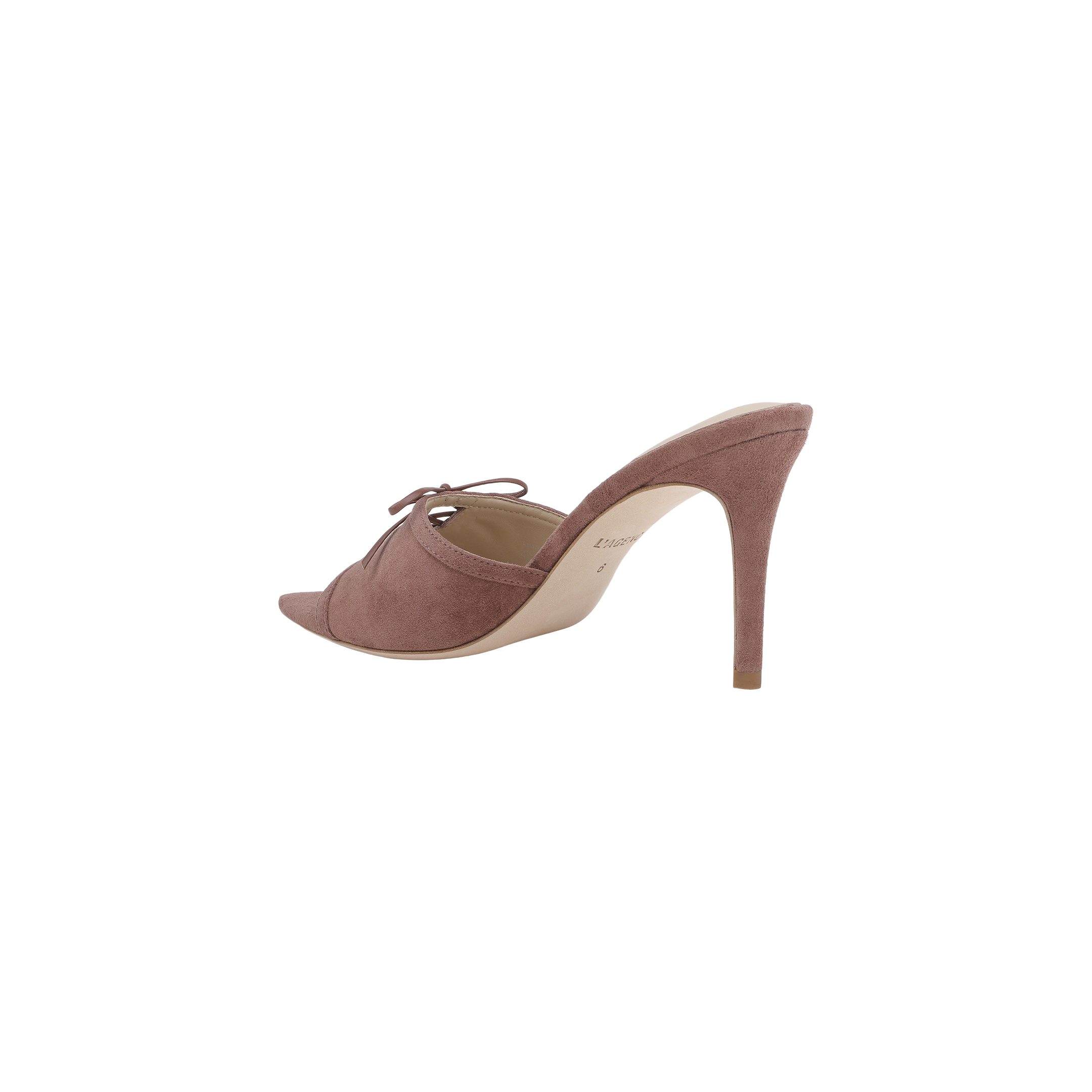 The Thames Suede Sandal is a single mauve suede high-heeled mule featuring a pointed toe, stiletto heel, side cut-out, and a decorative bow on the upper, displayed against a white background.