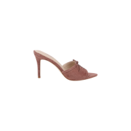 The Thames Suede Sandal is a single mauve suede high-heeled mule featuring a pointed toe, stiletto heel, and a small decorative bow on top, shown in profile against a white background.