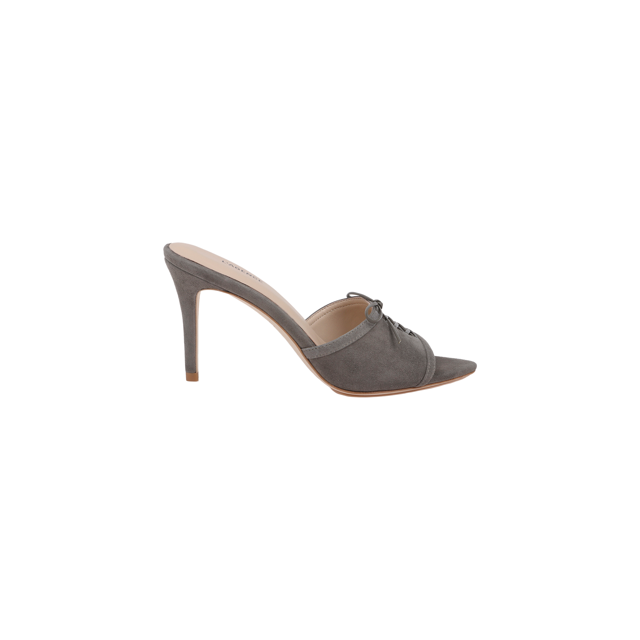 The Thames Suede Sandal is a gray suede lace-up mule featuring a pointed toe, open back, stiletto heel, and tan insole, displayed against a white background.