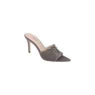 Thames Suede Sandal in gray features a pointed toe, lace-up design, open back, and thin stiletto heel, crafted from suede and shown against a white background.