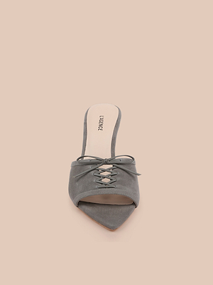 The Thames Suede Sandal is a single grey mule with open sides, front lace-up detail, low heel, and a memory foam insole, shown against a light beige background.