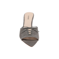 Introducing the Thames Suede Sandal: a gray suede lace-up mule featuring a pointed toe, open back, and elegant front lace-up detail. The sandal is finished with a beige insole and showcases the L. LAURENCE brand name printed at the heel.