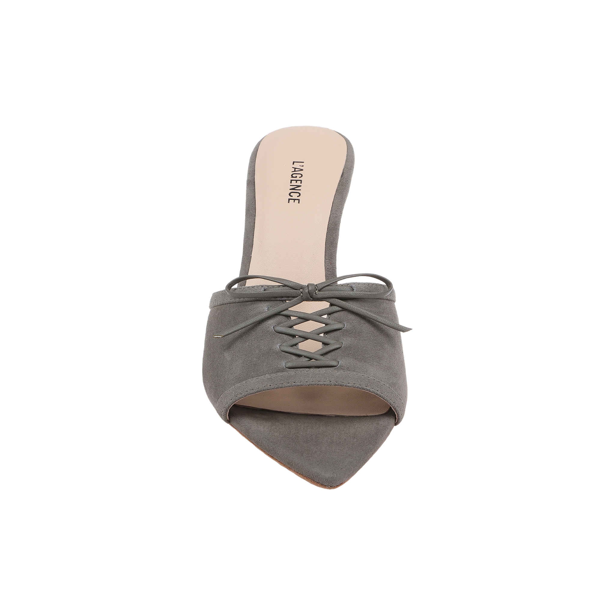 Introducing the Thames Suede Sandal: a gray suede lace-up mule featuring a pointed toe, open back, and elegant front lace-up detail. The sandal is finished with a beige insole and showcases the L. LAURENCE brand name printed at the heel.