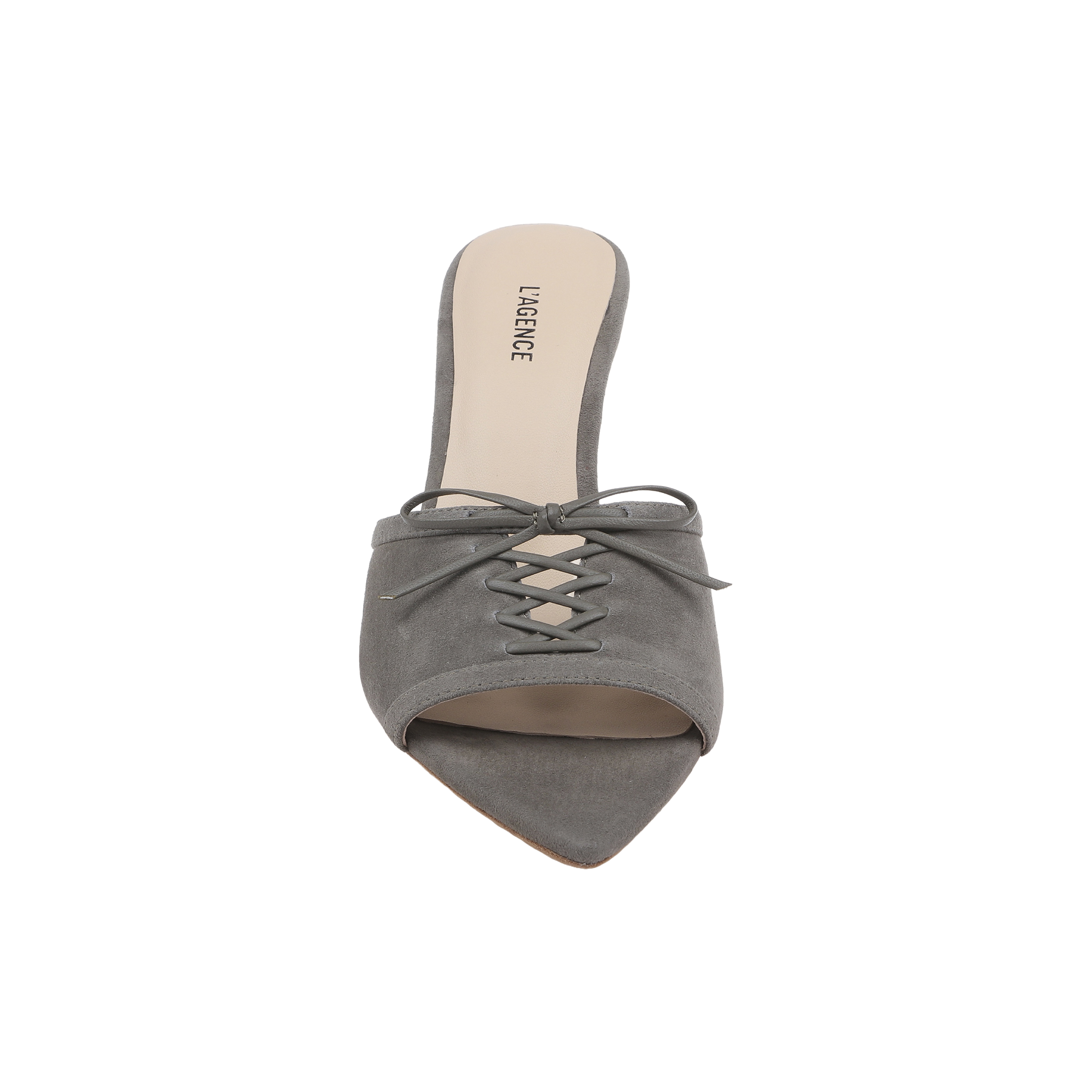 Introducing the Thames Suede Sandal: a gray suede lace-up mule featuring a pointed toe, open back, and elegant front lace-up detail. The sandal is finished with a beige insole and showcases the L. LAURENCE brand name printed at the heel.