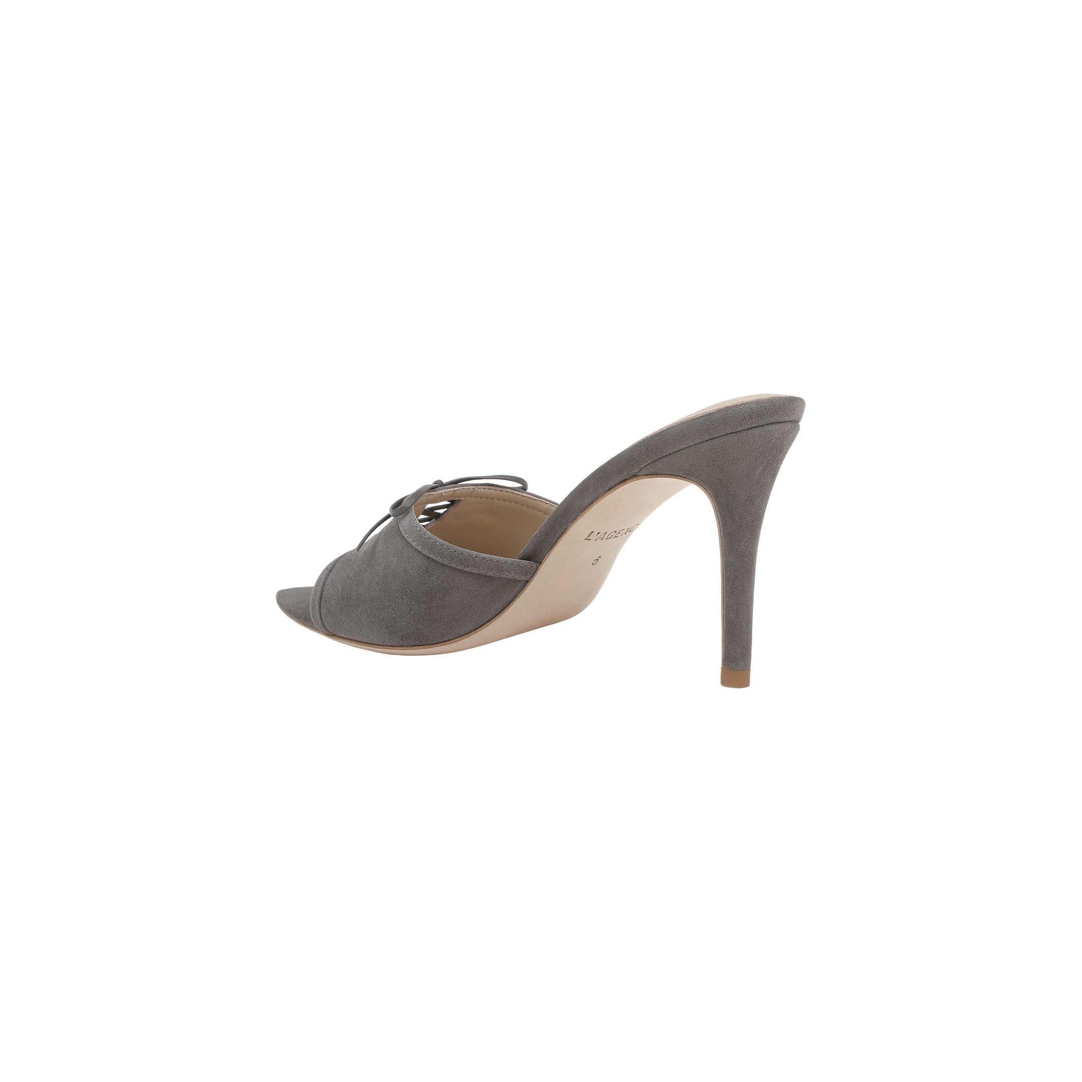 The Thames Suede Sandal is a chic gray high-heeled mule shoe featuring an open toe and a thin stiletto heel, shown from the side against a plain white background. This elegant grey suede sandal is perfect for formal occasions.