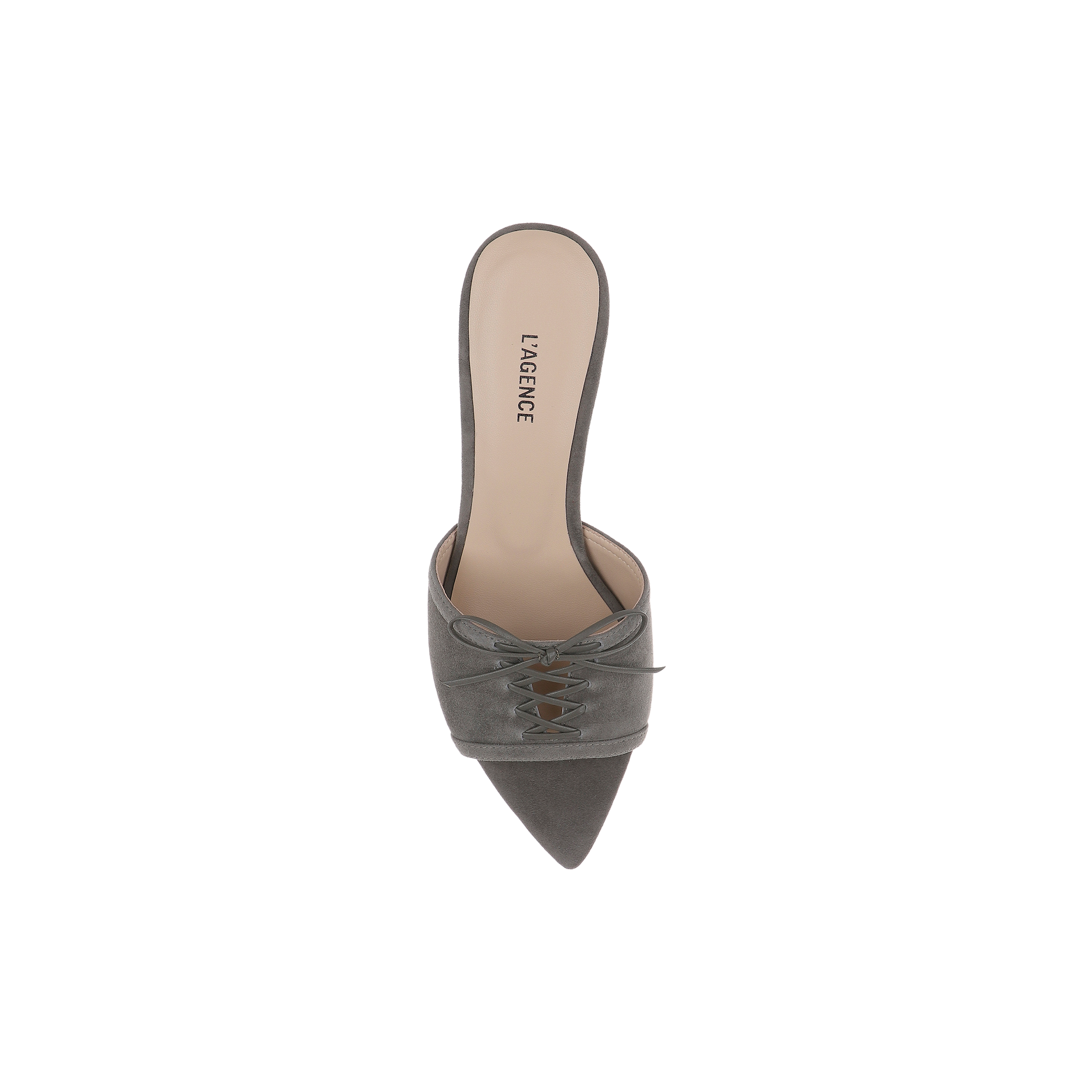 The Thames Suede Sandal is a single lace-up mule in gray suede, designed with a pointed toe, stiletto heel, and a beige insole featuring the LAGENCE brand name on a white background.
