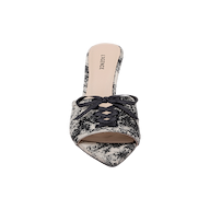 A pointed-toe slip-on mule, the Thames Sandal features a black and white textured pattern reminiscent of jungle brocade, accented by black lace-up detail on the upper and a beige insole labeled LARENCE. The sandal is photographed against a plain white background.