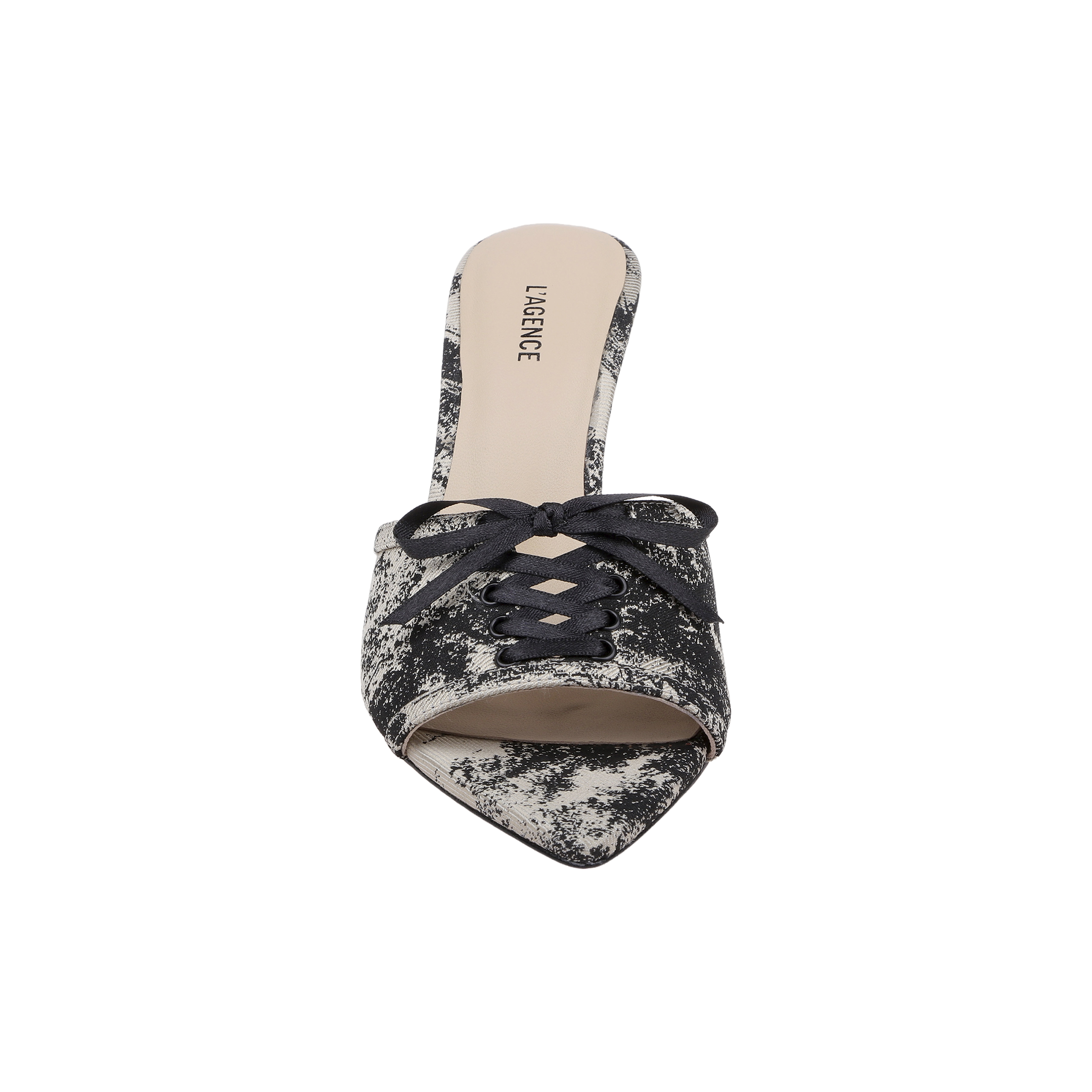 A pointed-toe slip-on mule, the Thames Sandal features a black and white textured pattern reminiscent of jungle brocade, accented by black lace-up detail on the upper and a beige insole labeled LARENCE. The sandal is photographed against a plain white background.
