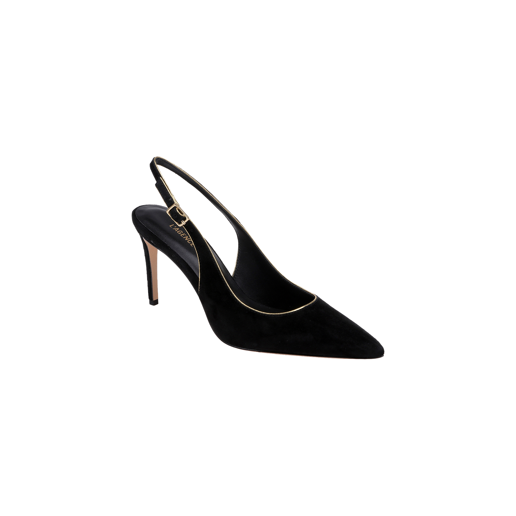 The Vichy Slingback Pump is a black suede stiletto with a pointed toe, thin stiletto heel, and elegant gold trim along the edges.