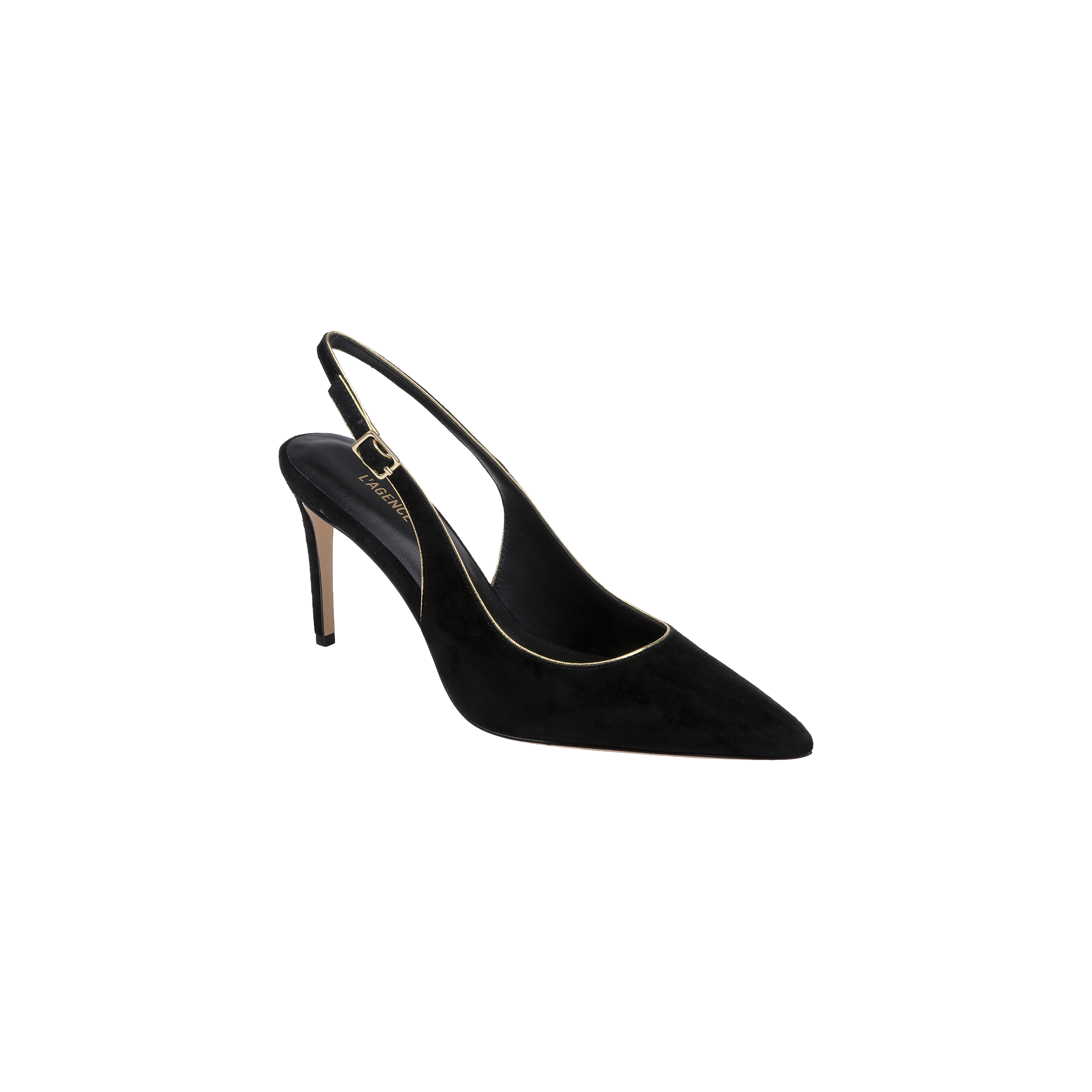 The Vichy Slingback Pump is a black suede stiletto with a pointed toe, thin stiletto heel, and elegant gold trim along the edges.