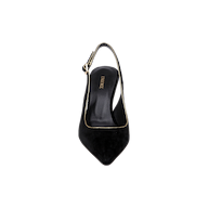 Top view of the Vichy Slingback Pump, a black suede stiletto with gold trim and a pointed toe. The insole features “LARIANNE” in gold lettering. The background is plain white.