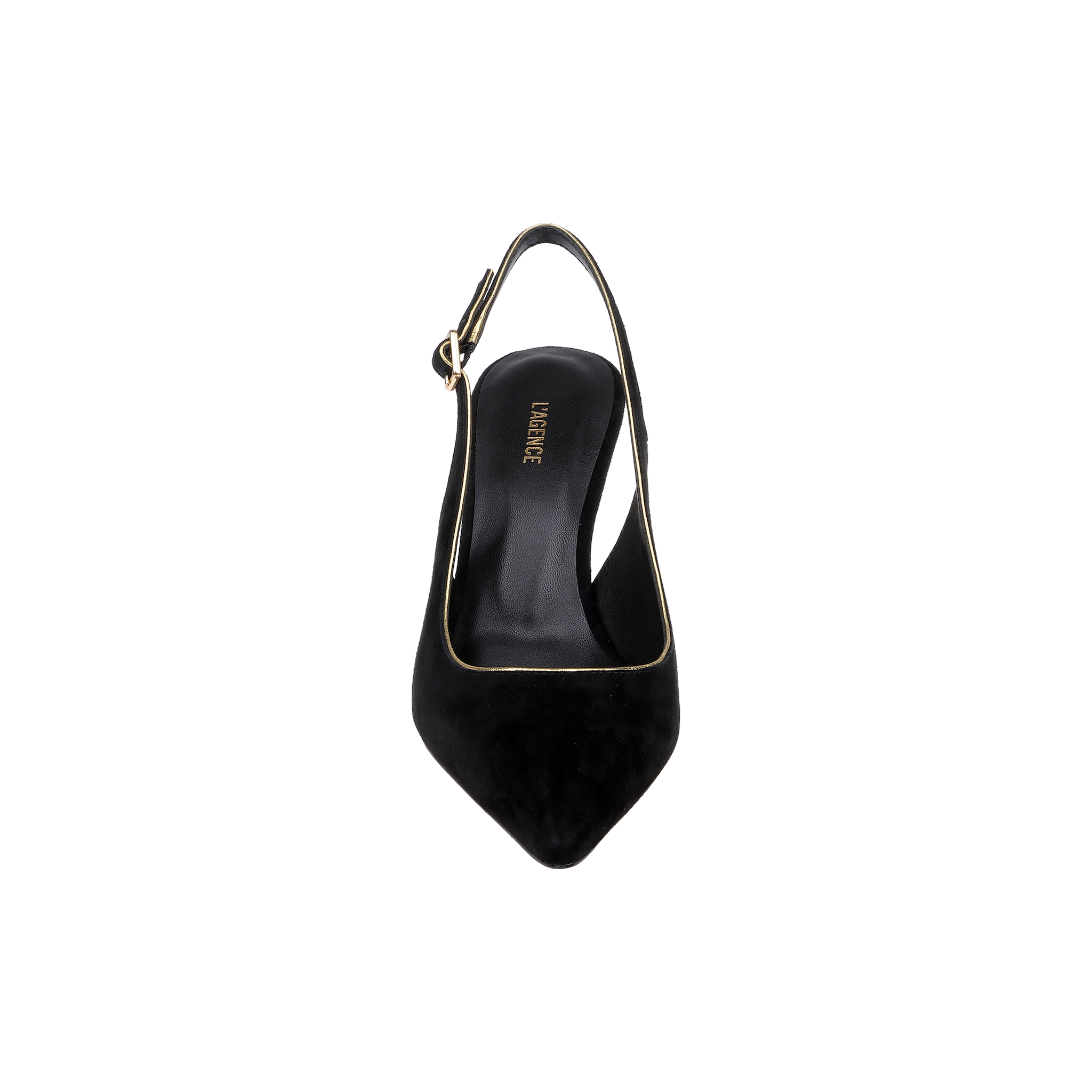 Top view of the Vichy Slingback Pump, a black suede stiletto with gold trim and a pointed toe. The insole features “LARIANNE” in gold lettering. The background is plain white.