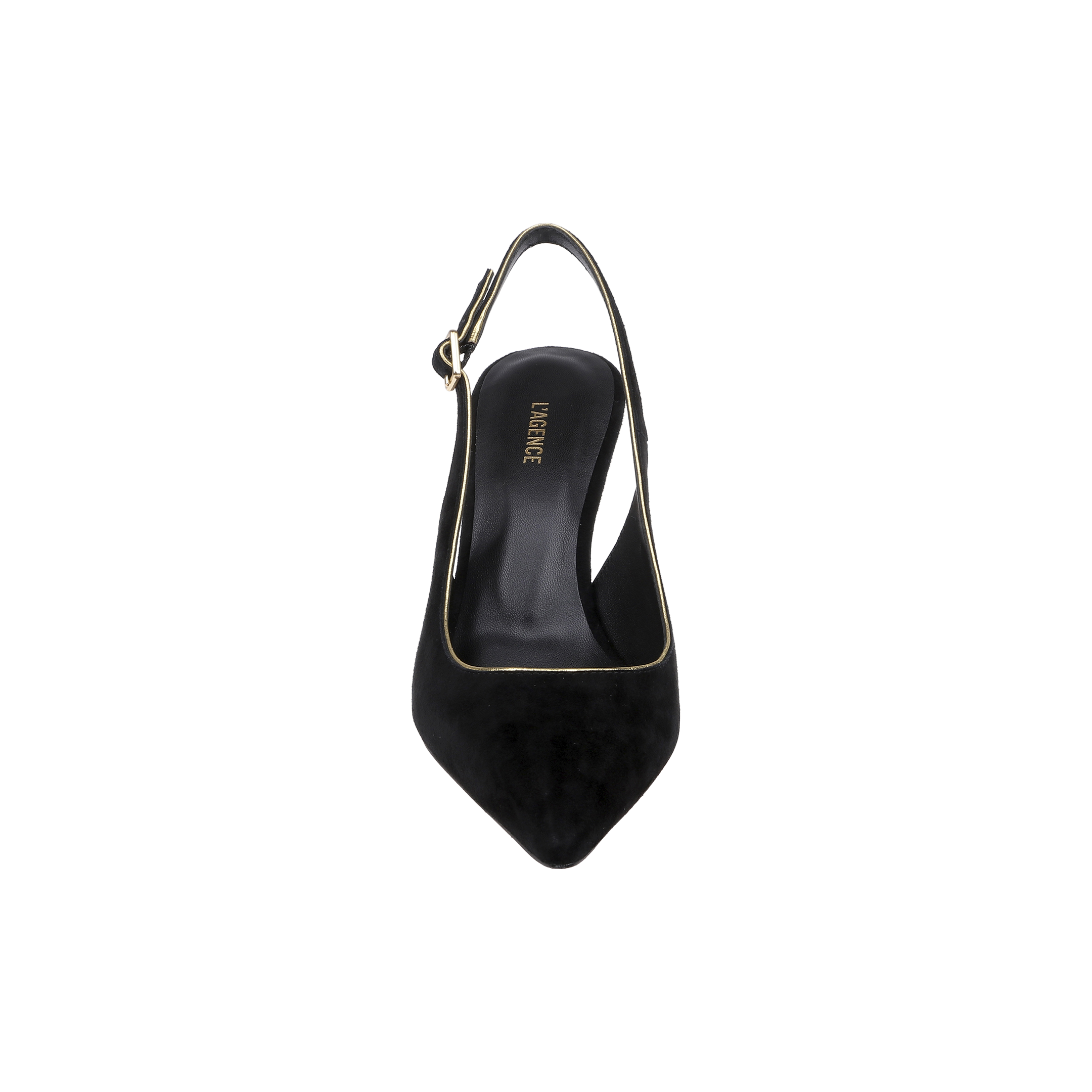 Top view of the Vichy Slingback Pump, a black suede stiletto with gold trim and a pointed toe. The insole features “LARIANNE” in gold lettering. The background is plain white.