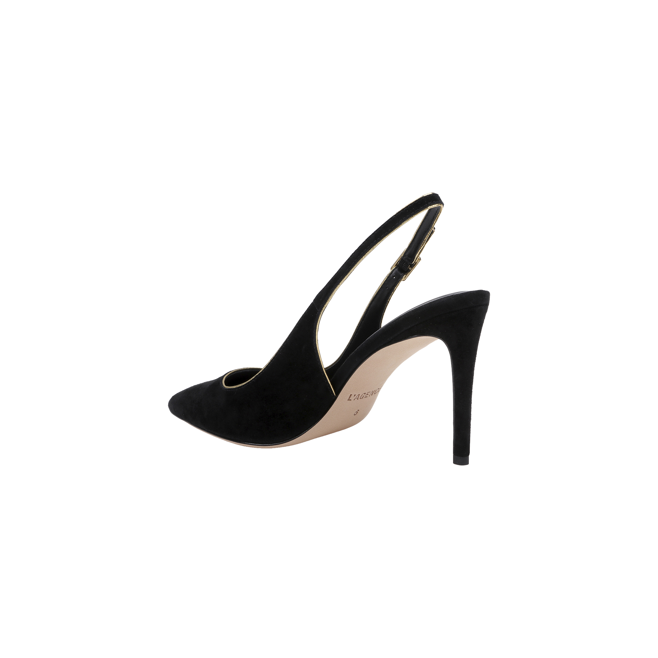 The Vichy Slingback Pump is a black suede stiletto with a pointed toe and a buckle strap, shown in profile on a white background.