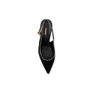 A black suede pointed-toe stiletto slingback pump with gold trim, viewed from above, featuring the product name Vichy Slingback Pump on the insole.