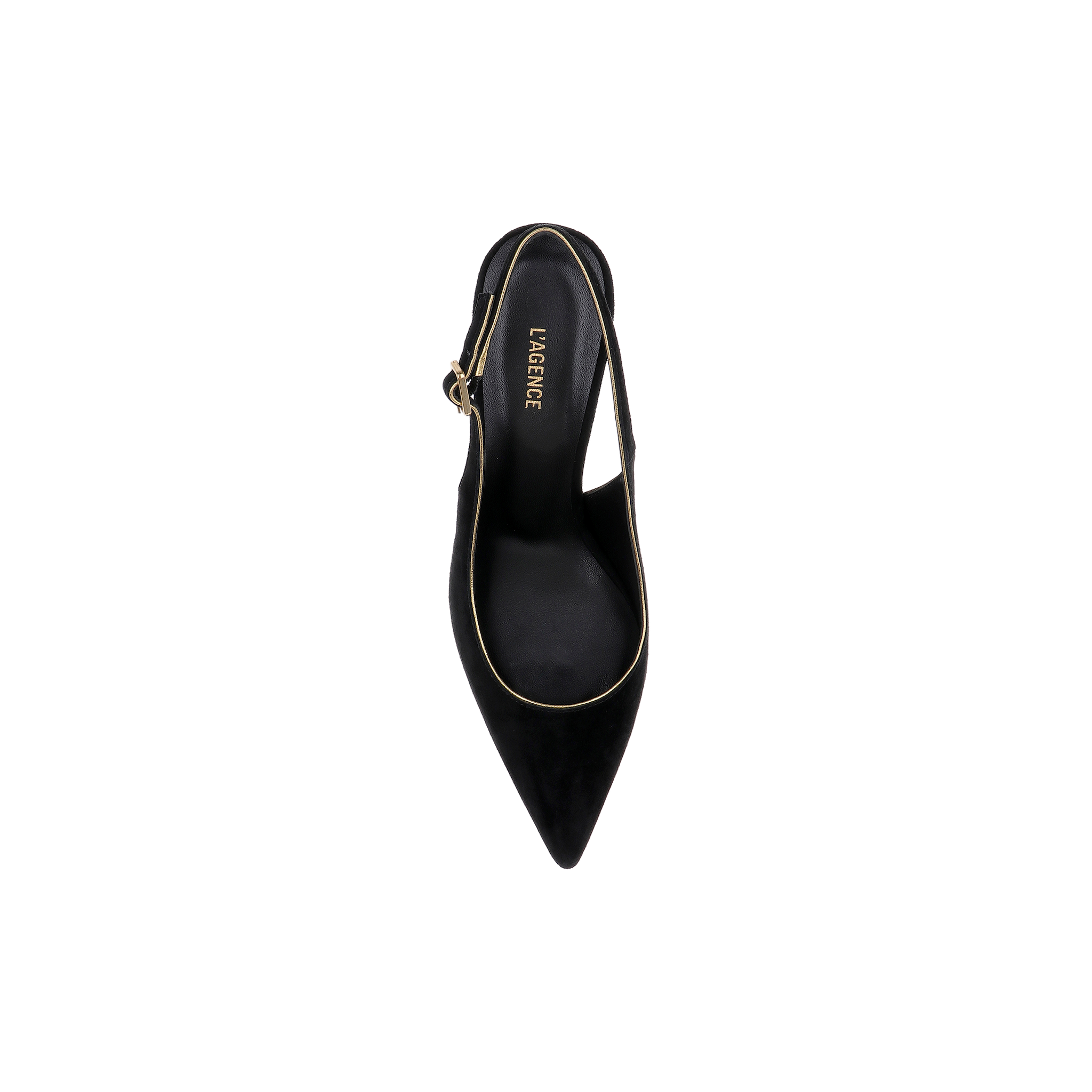 A black suede pointed-toe stiletto slingback pump with gold trim, viewed from above, featuring the product name Vichy Slingback Pump on the insole.