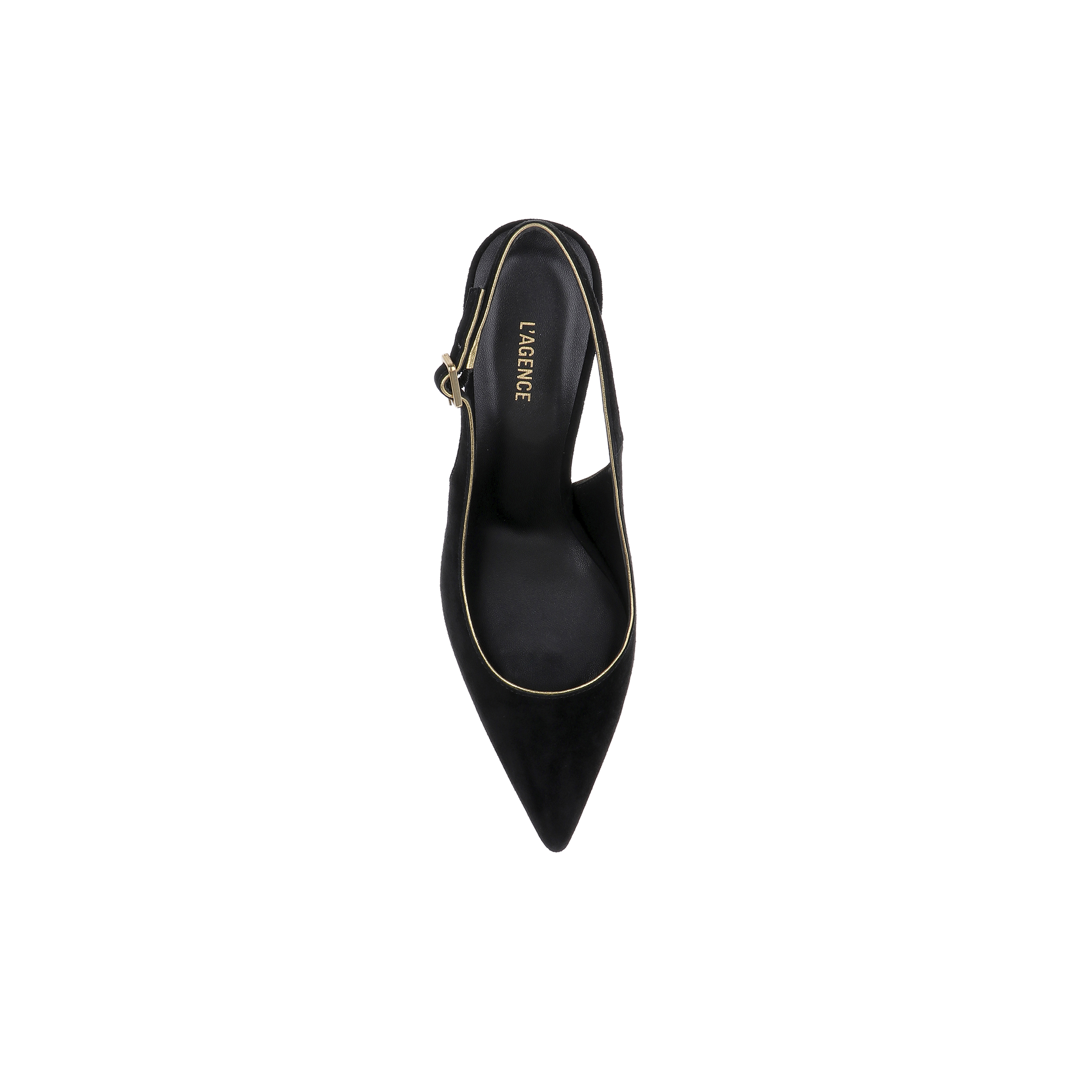 A black suede pointed-toe stiletto slingback pump with gold trim, viewed from above, featuring the product name Vichy Slingback Pump on the insole.
