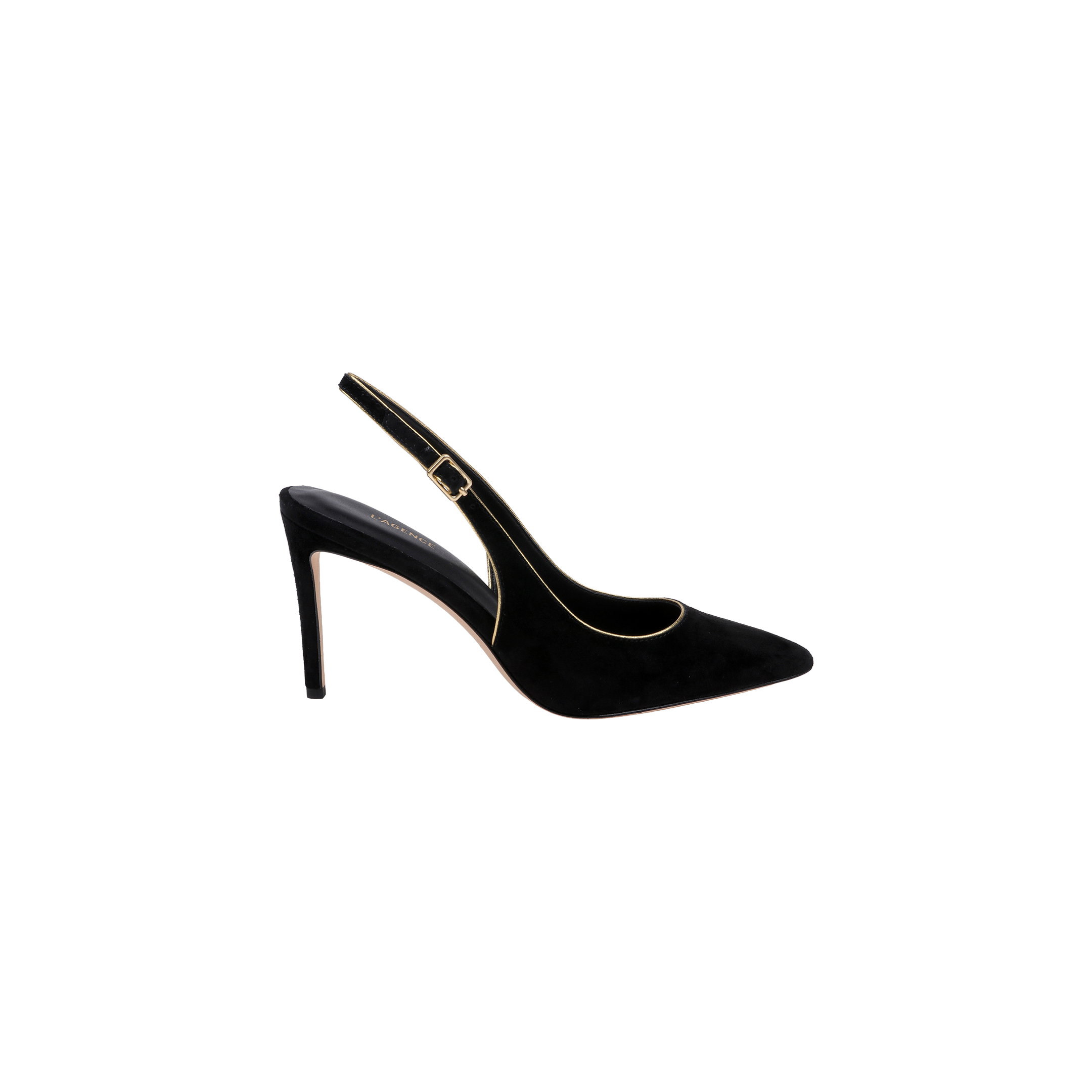 The Vichy Slingback Pump, crafted in black suede with a pointed toe and gold trim, features a stiletto slingback design and is displayed in side profile on a white background.