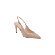 The Vichy Slingback Pump is a single tan suede shoe with a pointed toe and a slender stiletto slingback heel, featuring a memory foam insole, displayed on a white background.
