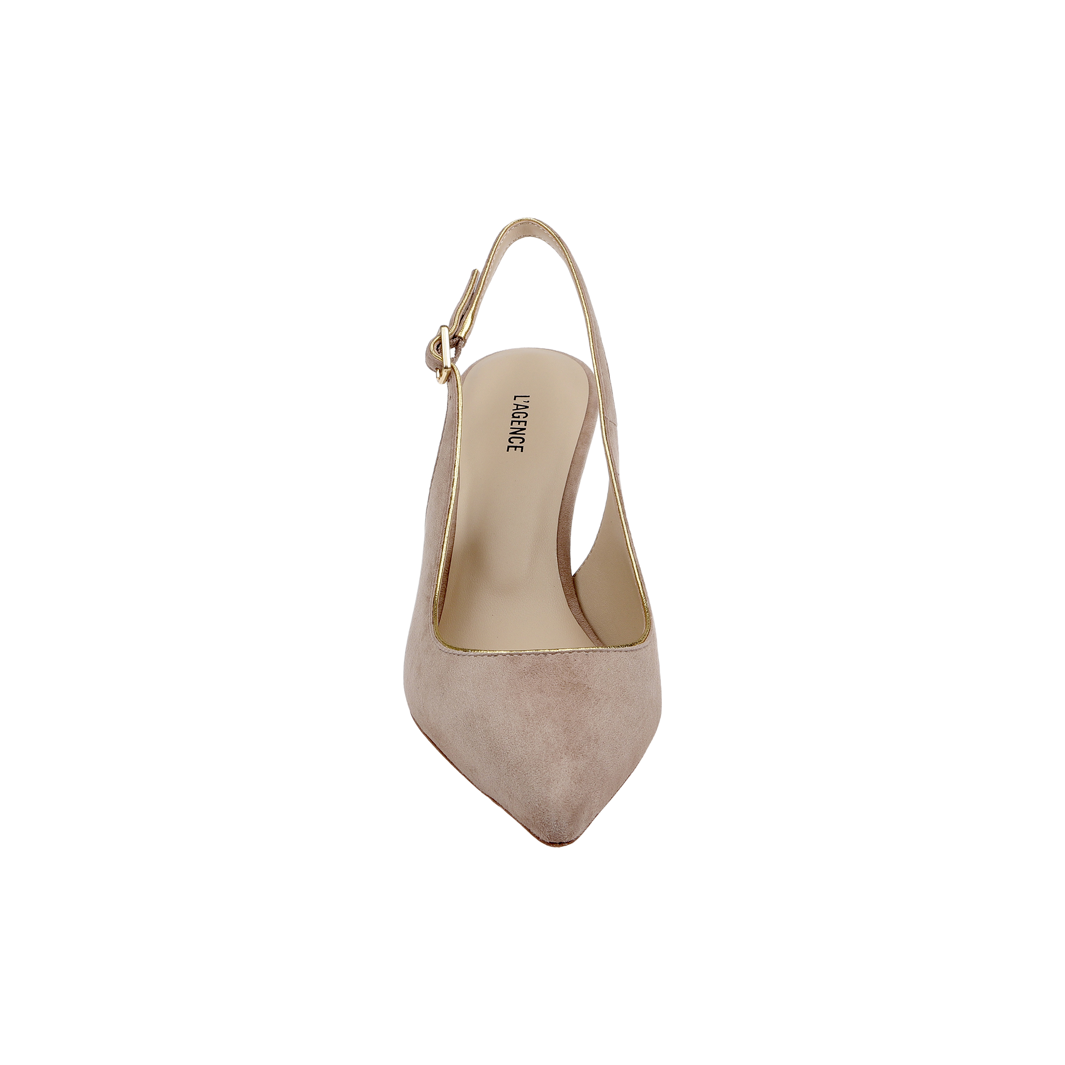 The Vichy Slingback Pump is a beige suede pointed-toe stiletto with a low heel, shown from above against a white background. The insole features the VANELi brand name and includes memory foam for enhanced comfort. A slim ankle strap is fastened with a small gold buckle on one side.