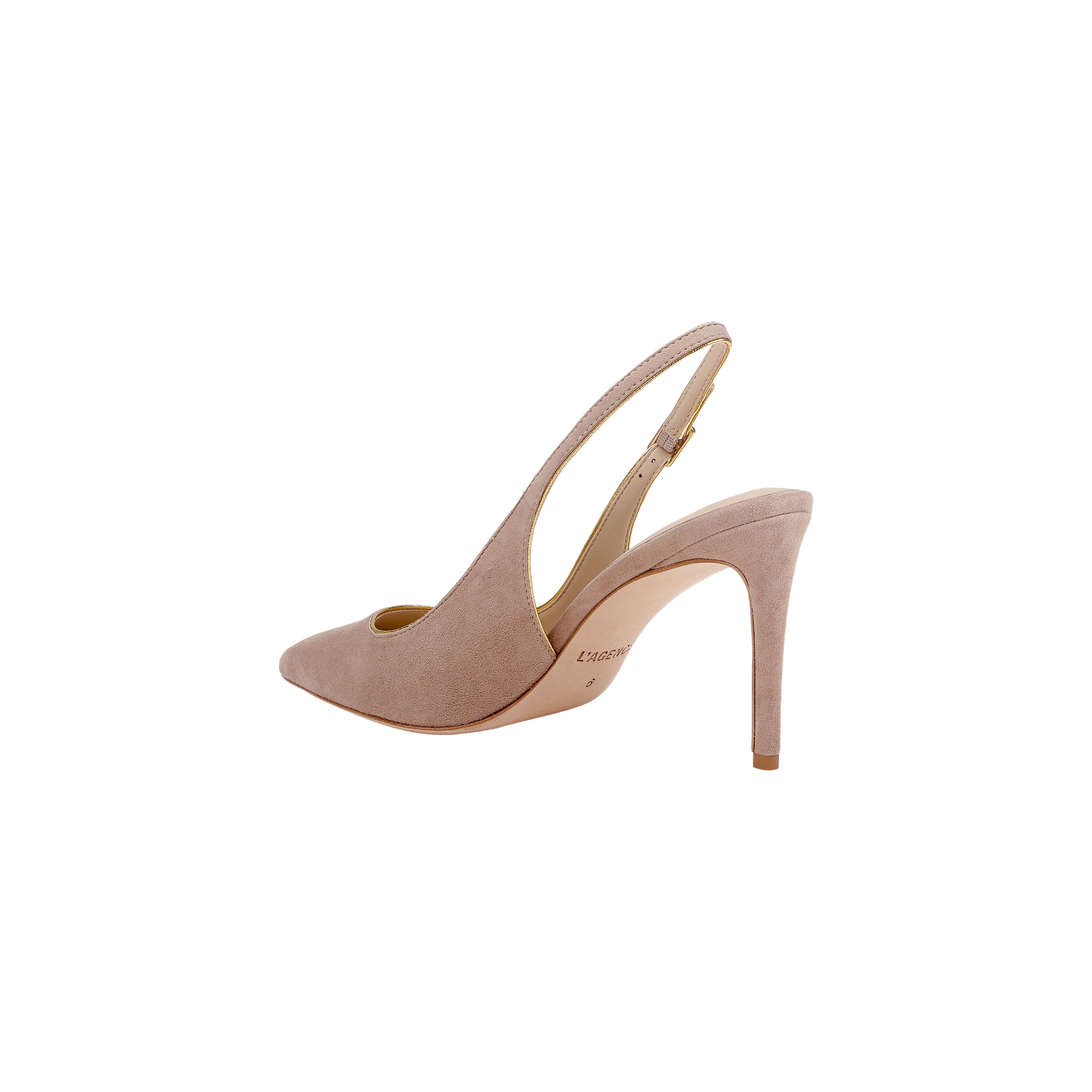 The Vichy Slingback Pump is a tan suede stiletto with a pointed toe and high heel, showcased from a side view against a plain white background.