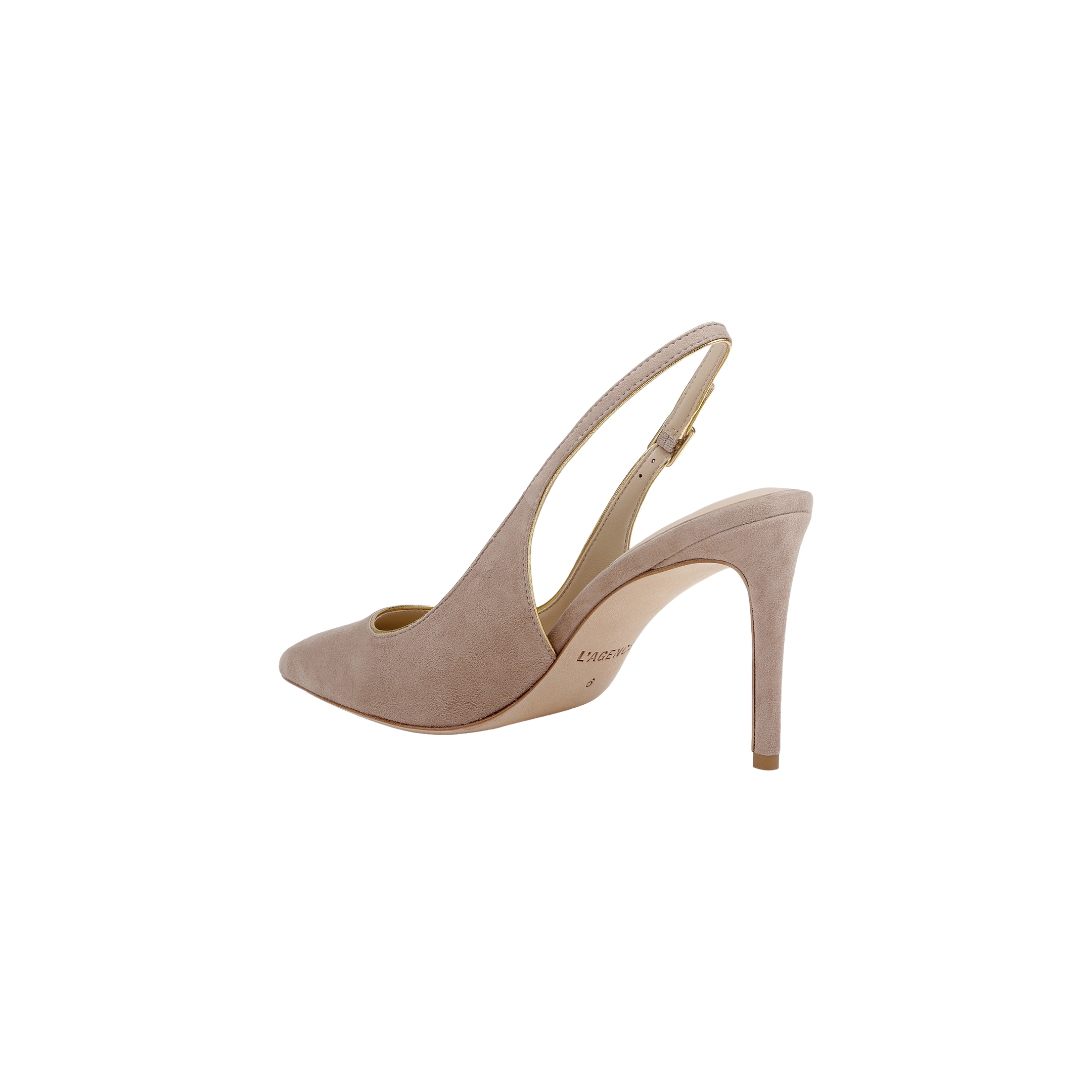 The Vichy Slingback Pump is a tan suede stiletto with a pointed toe and high heel, showcased from a side view against a plain white background.