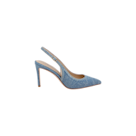 The Vichy Slingback Pump is a light blue denim stiletto with a pointed toe and ankle strap, showcased against a white background.
