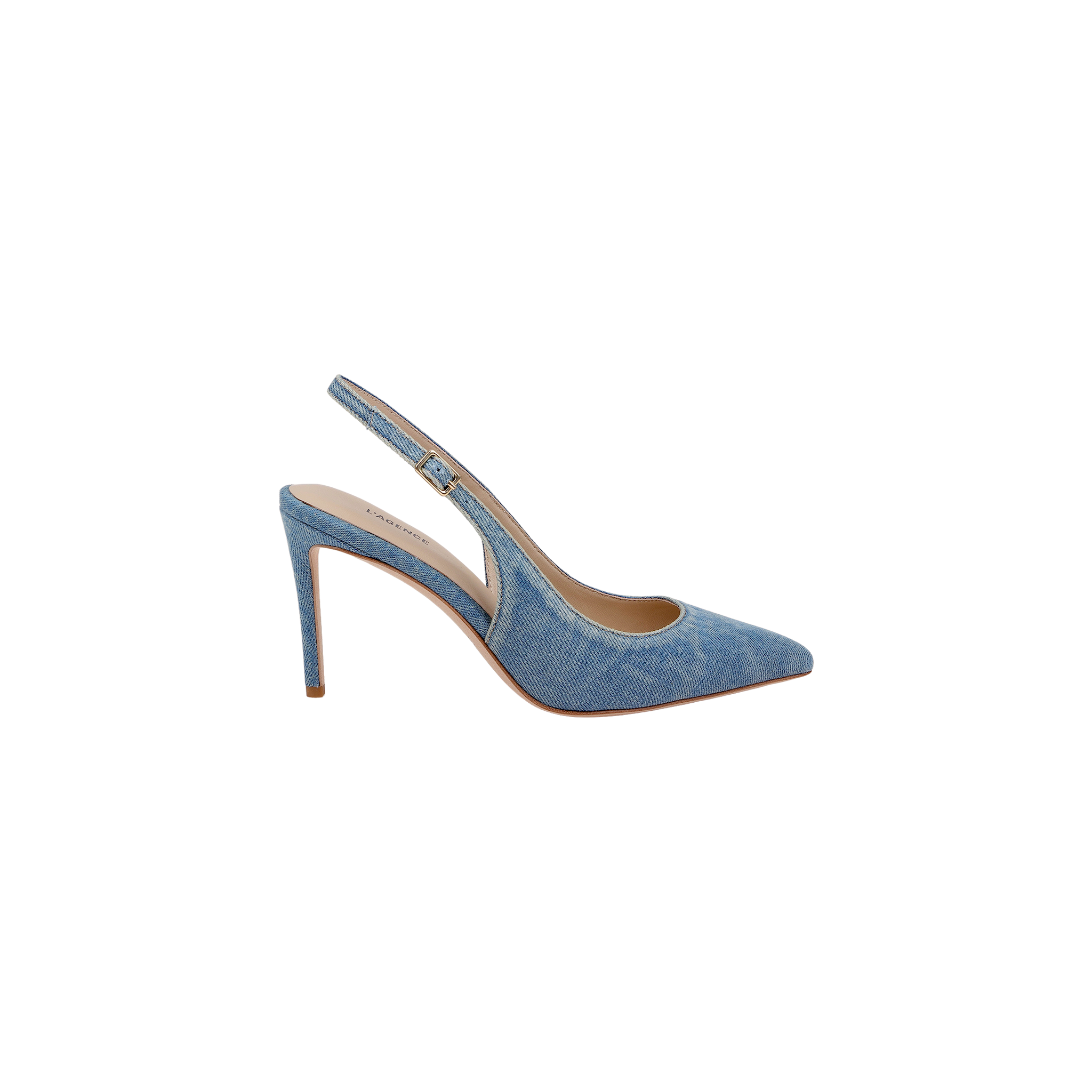 The Vichy Slingback Pump is a light blue denim stiletto with a pointed toe and ankle strap, showcased against a white background.
